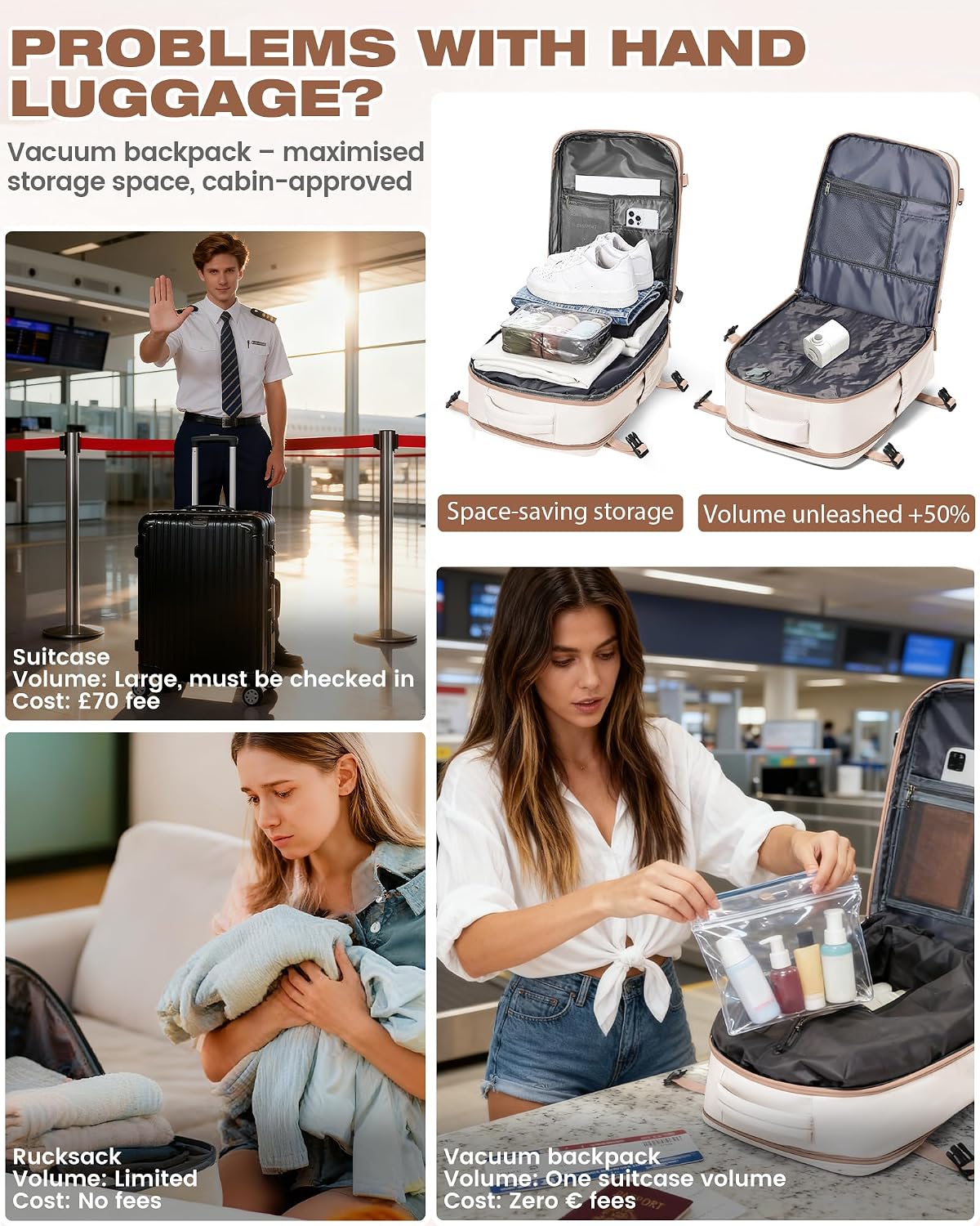 Detalle 2 de SZLX Vacuum Backpack Travel Bag with Pump — Cabin‑Size 40x30x20, Ryanair/Wizz Air Ready