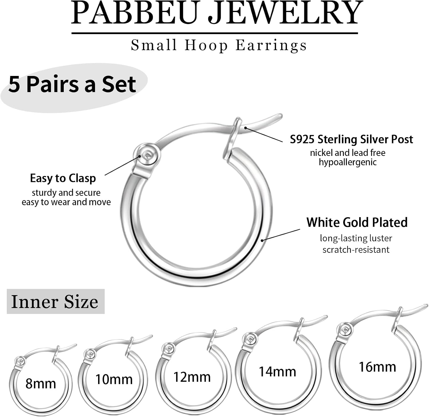 Detalle 2 de PABBEU 5 Pairs Sterling Silver Hoop Earrings – Small Sleeper Hoops (8–16mm)