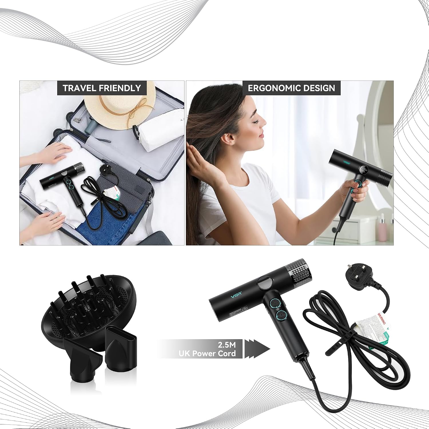 Thumbnail 6 de VGR Professional Hair Dryer with Diffuser for Curly Hair – 1900W, Brushless Motor, Low Noise