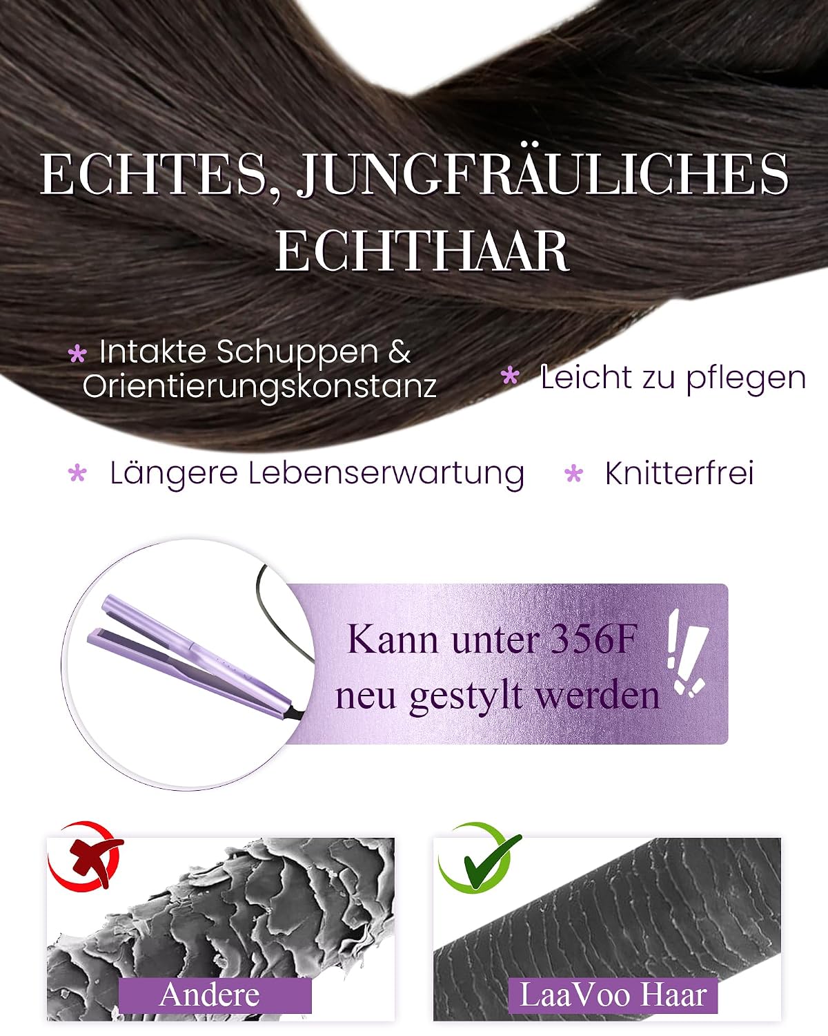 Detalle 2 de LaaVoo Bondings Echthaar Extensions Dunkelbraun – Keratin Bondings, 50 g pro Pack | 35 cm bis 60 cm