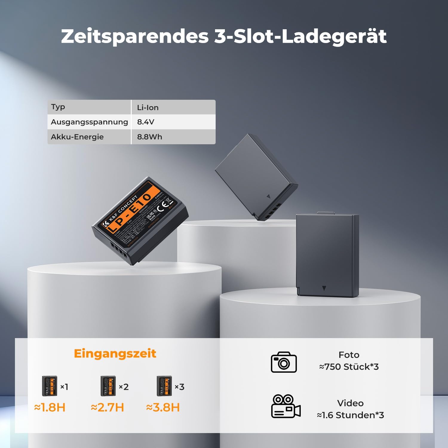 Detalle de K&F CONCEPT LP-E10 Akku 3er-Pack mit LCD-Ladegerät – kompatibel mit Canon EOS Modellen