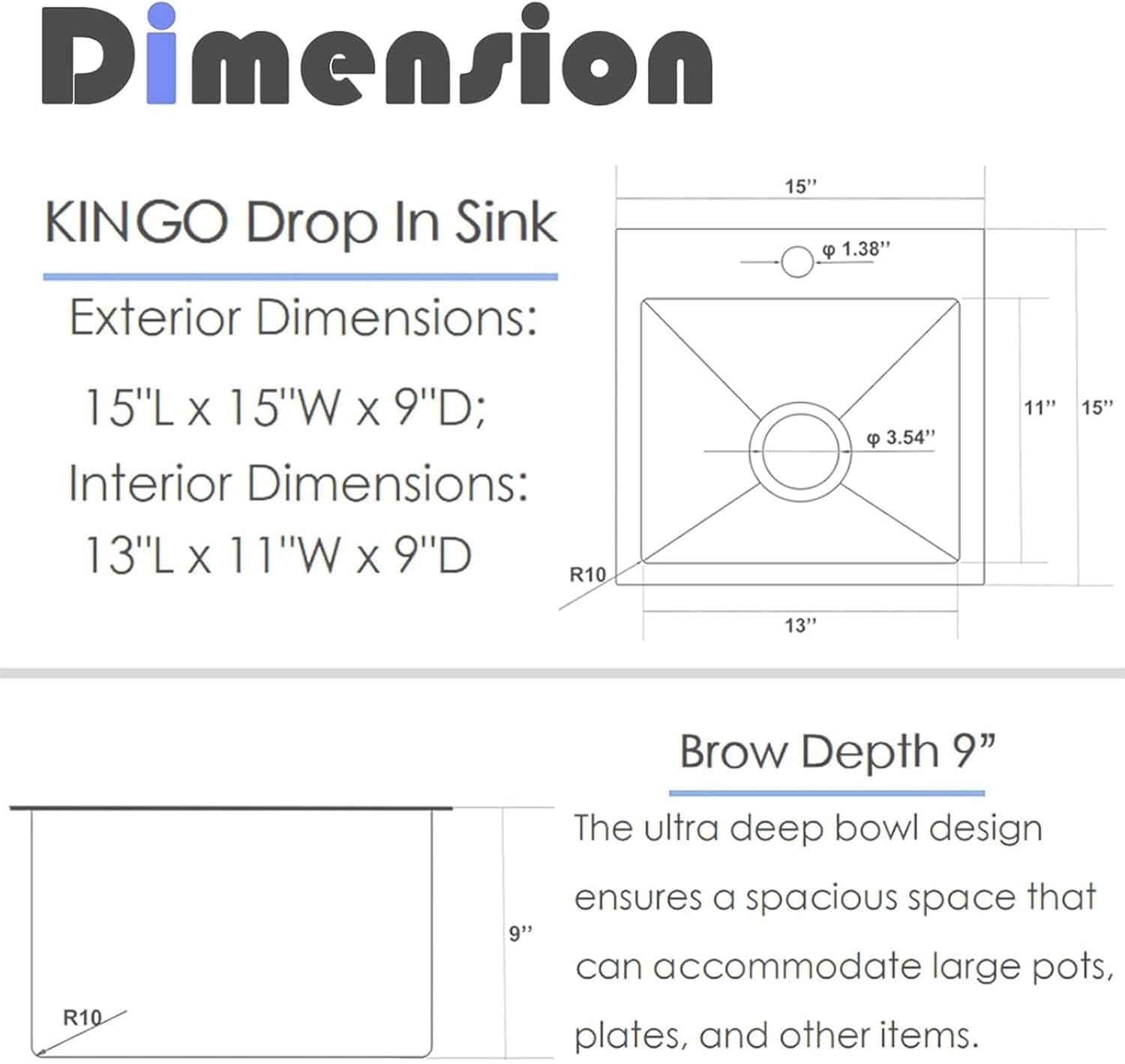 Thumbnail 2 de KINGO HOME KH-YJS1515S 15-Inch Drop-In Bar Sink, 16-Gauge Stainless Steel