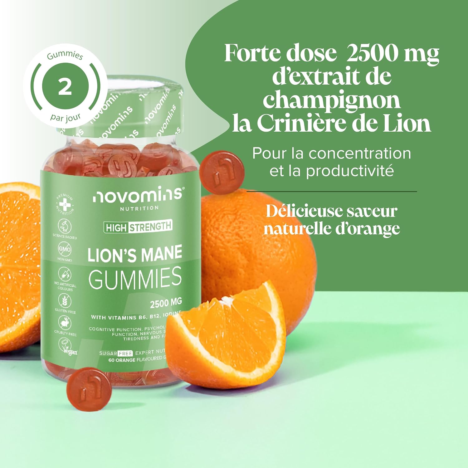 Detalle de Gommes Lion’s Mane Novomins – Extrait 2500 mg + vitamines B6/B12 et iode (60 gommes) sans sucre