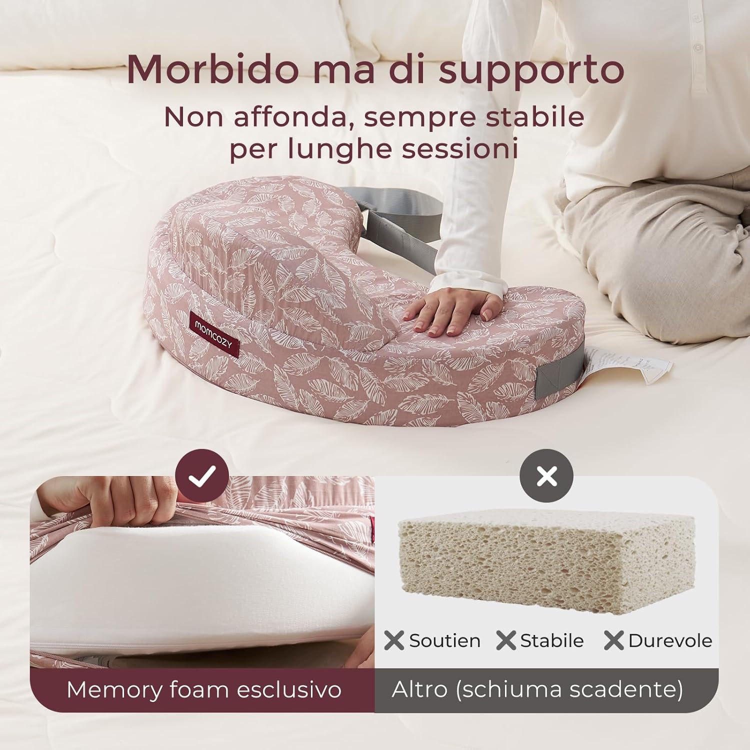 Thumbnail 1 de momcozy Cuscino da Allattamento con Barriera di Sicurezza: Memory Foam Rigido ed Elastico, Supporto Ergonomico Extra Large, Fodera Rimovibile, Colore Foglie Rosa