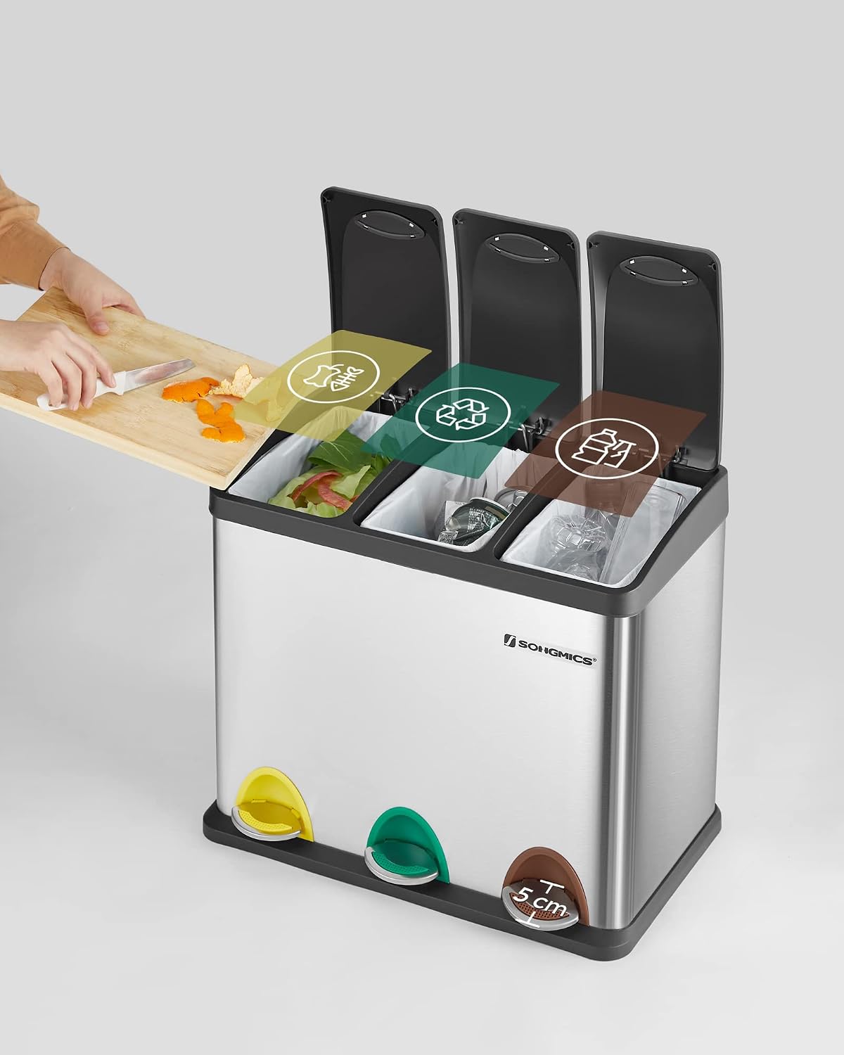 Thumbnail 2 de SONGMICS LTB24L 3-Compartment Rubbish Bin, 24L Stainless Steel with Pedal Lids