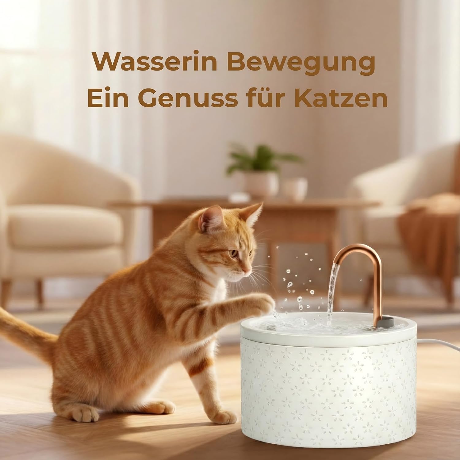 Detalle 2 de MISFANS Katzenbrunnen aus Keramik mit Kupferrohr (2,1 l) – leiser Trinkbrunnen mit 3-fachem Filtersystem