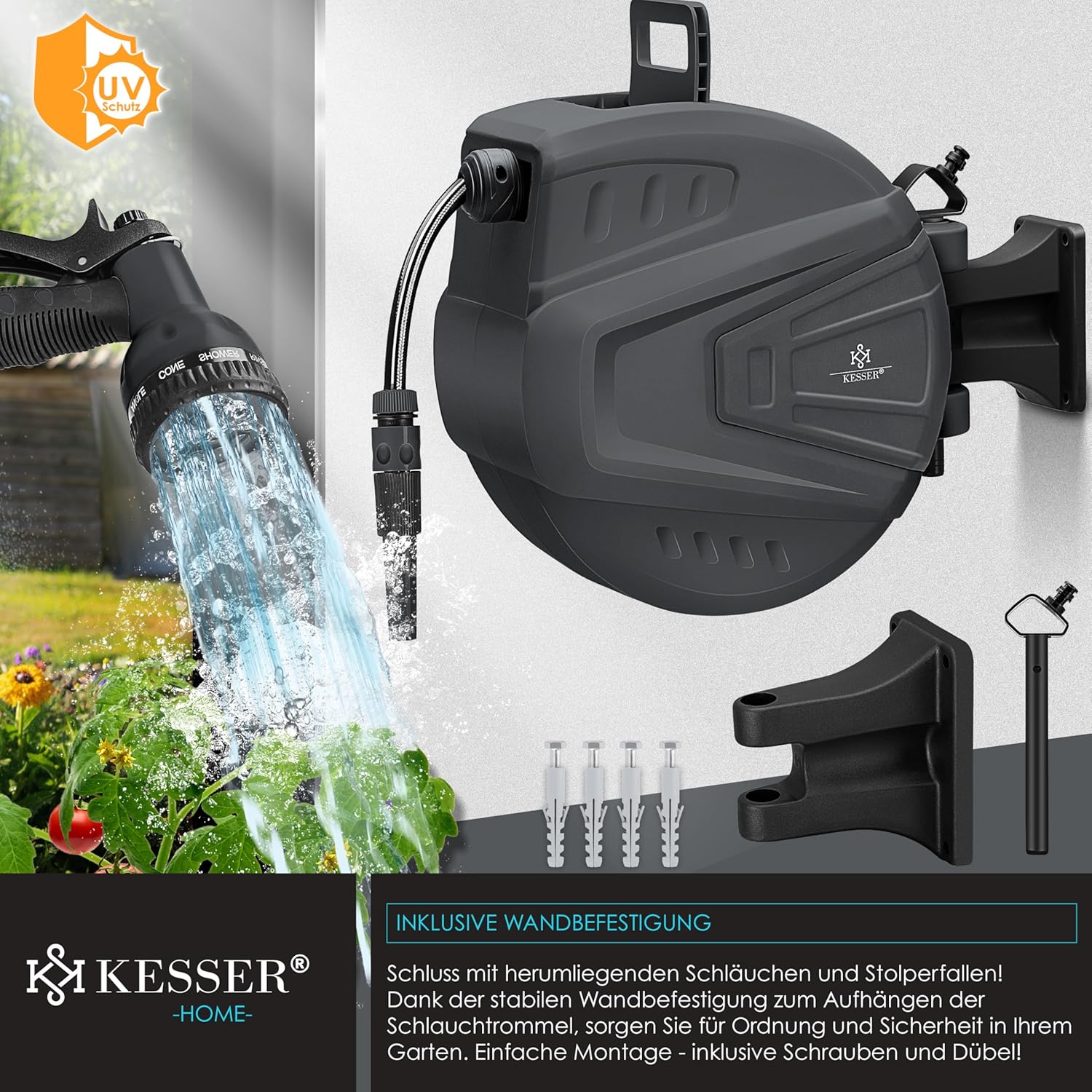 Thumbnail 2 de KESSER automatische Schlauchtrommel 30 m + 2 m – Wand-Schlauchbox mit Aufrollautomatik, 180° schwenkbar & Multi-Handbrause (9 Modi) in Anthrazit