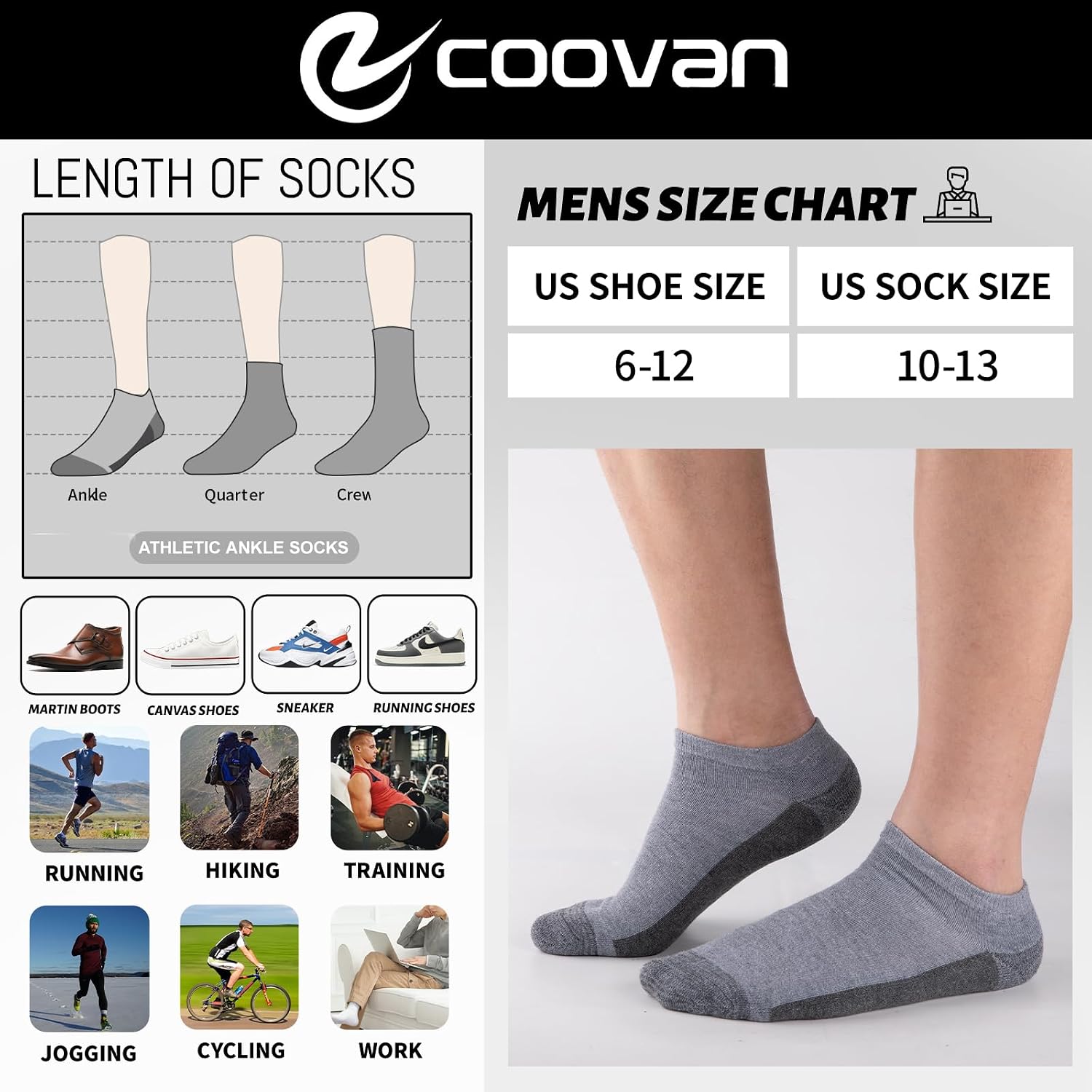 Thumbnail 6 de COOVAN Men's Athletic Ankle Socks, 12-Pair Pack