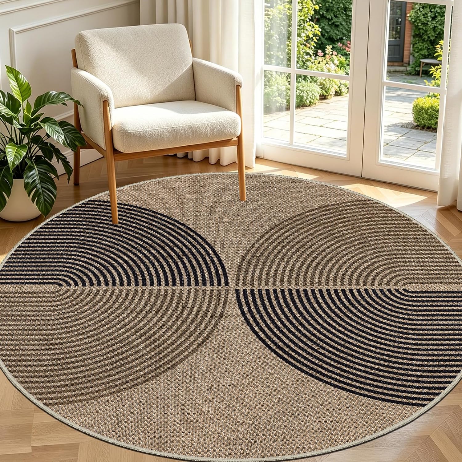 Detalle de Capslpad rond vloerkleed 160 cm, jute-look, zwart-bruin, antislip en wasbaar