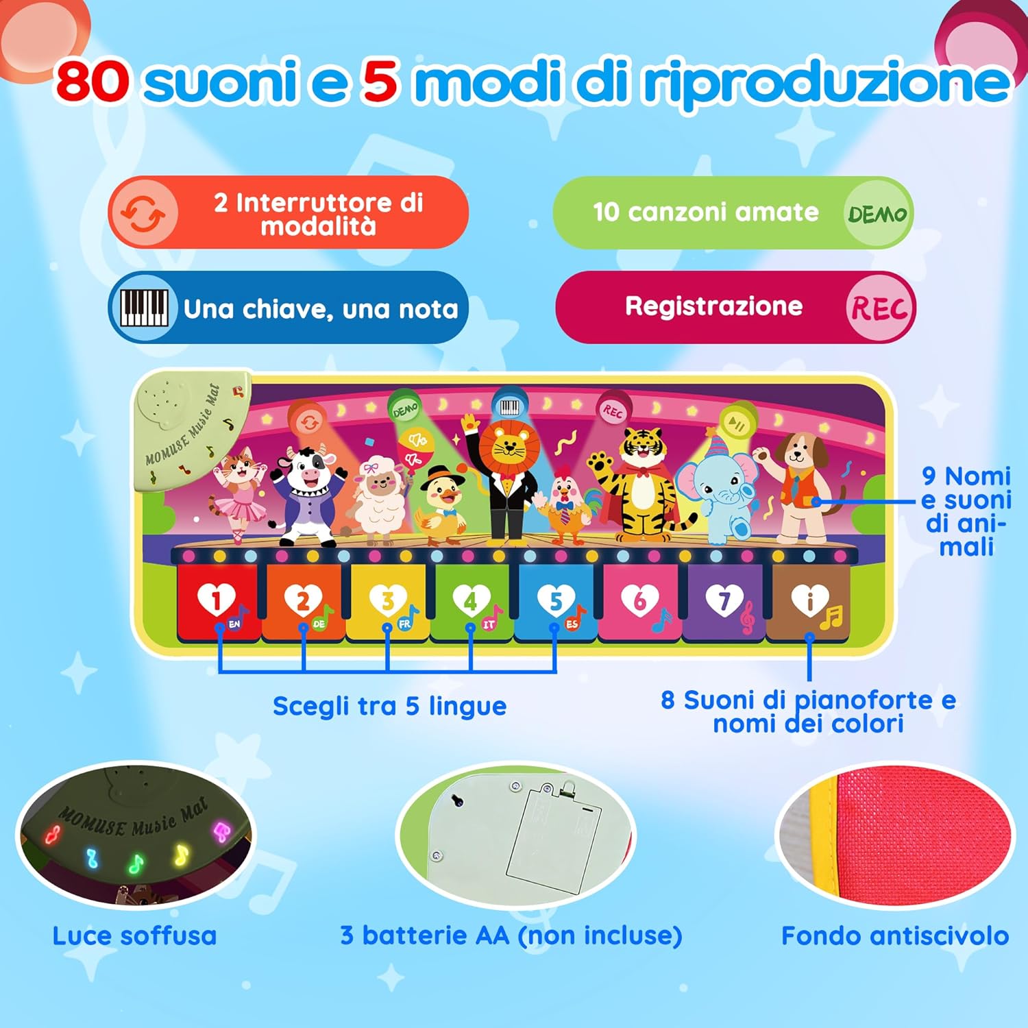 Thumbnail 3 de MOMUSE Tappeto Musicale Multilingue 5 Lingue con 9 Animali (IT/DE/FR/EN/ES) portatile, regalo bambini 1-4 anni