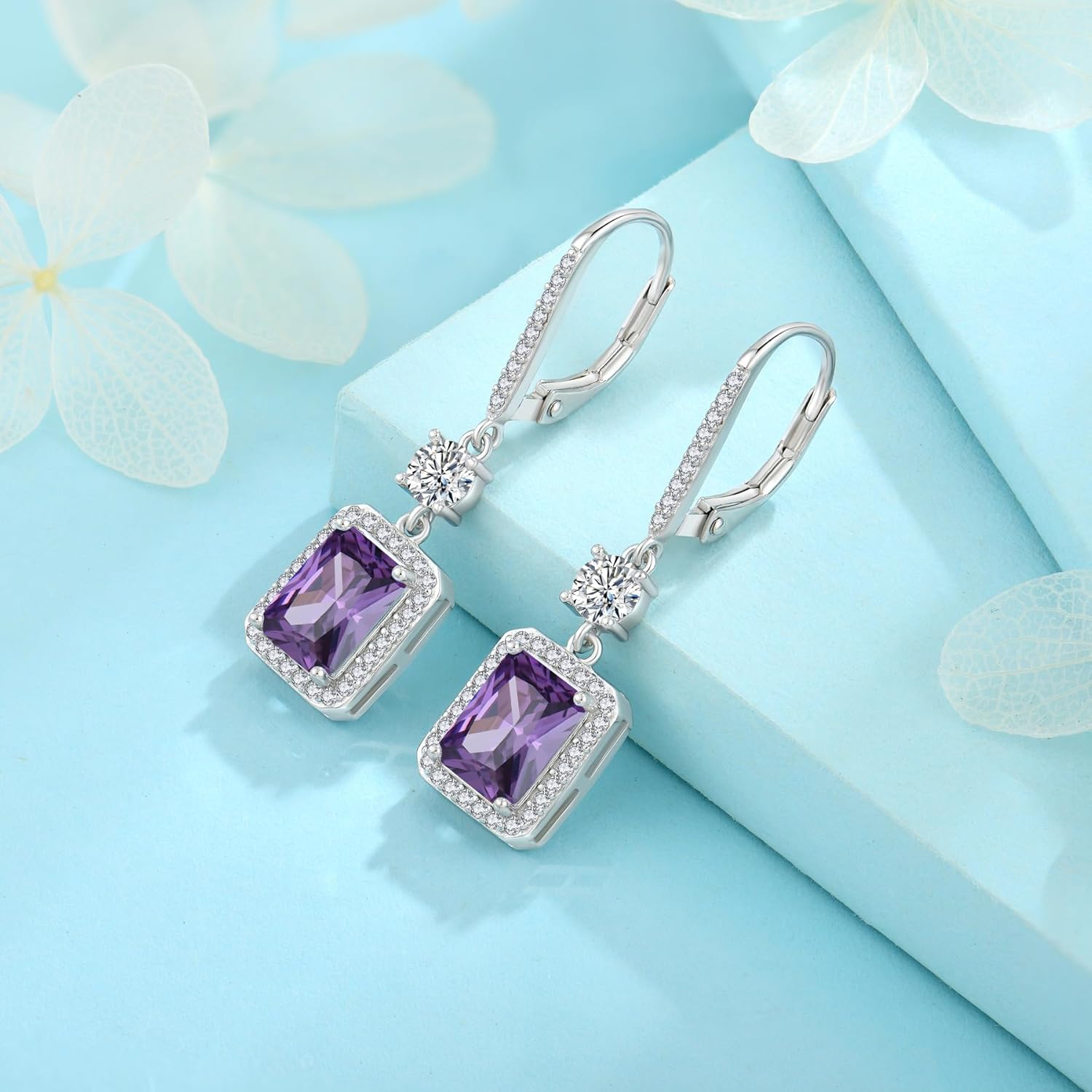 Thumbnail 4 de 925 Sterling Silver Rectangular Cut Dangle Drop Earrings with Birthstone & Leverback