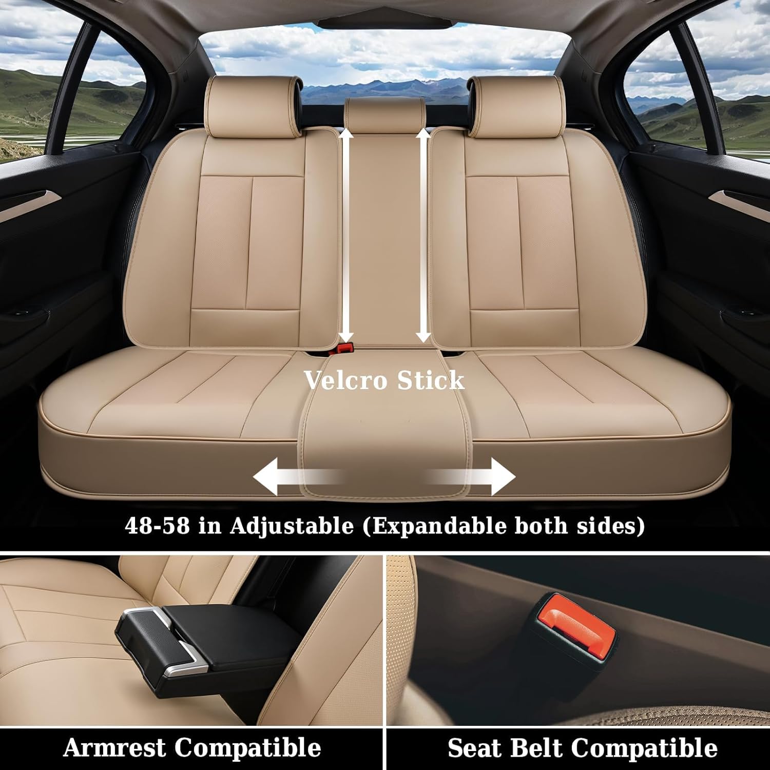 Thumbnail 3 de Coverado Car Seat Covers Full Set (Premium Faux Nappa Leather) – Waterproof Universal Fit with Lumbar Support, Beige