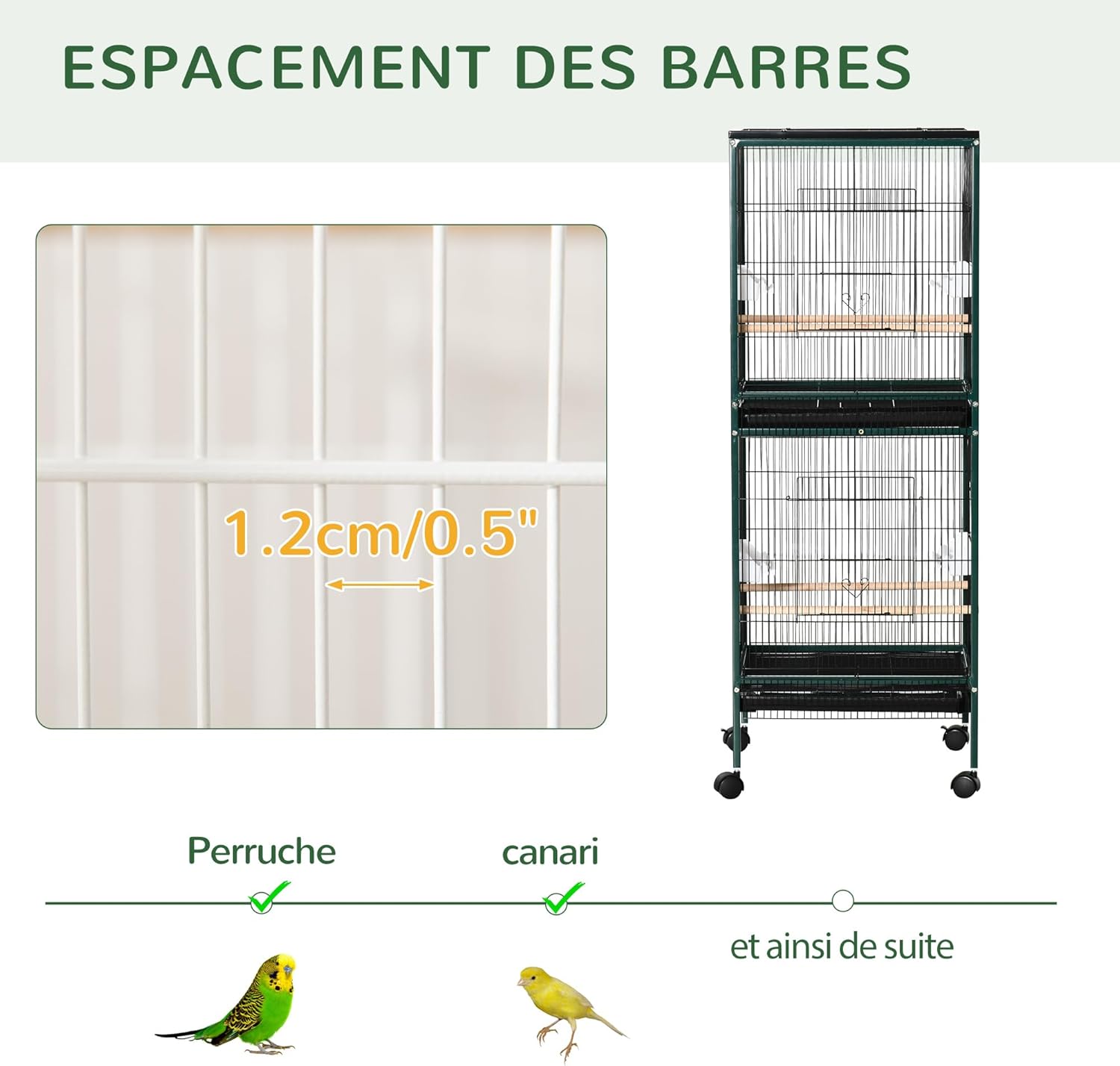 Detalle 2 de PawHut Grande Cage à Oiseaux sur Pied – Volière double avec plateaux amovibles et roulettes