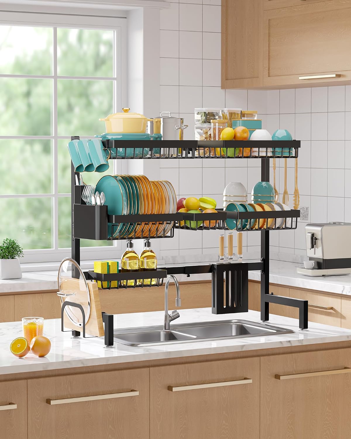 Thumbnail 6 de Sakugi Over The Sink Dish Drying Rack - Adjustable 3 Tier XX-Large Capacity, Stainless Steel Drainer with Utensil, Knife & Cutting Board Holders
