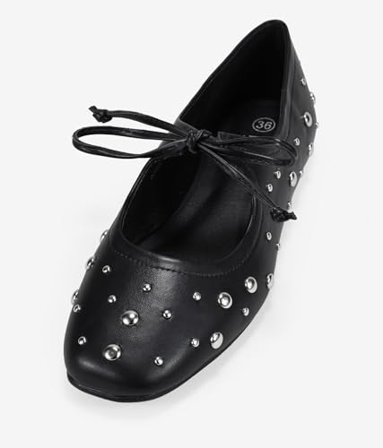 Detalle 1 de BOSANOVA Bailarinas Planas para Mujer en Piel Vegana con Tachuelas y Lazo Fino – Negro, talla 40