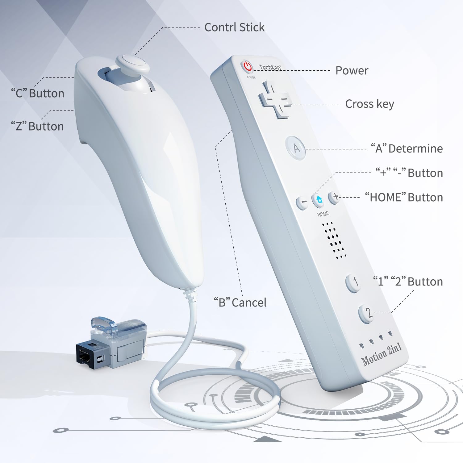 Detalle 2 de TechKen 2 Sets Remote Controller for Wii with Built-in Motion Plus and Nunchuck (White)