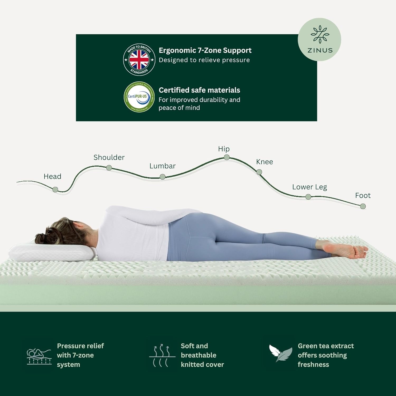 Thumbnail 3 de Zinus 3ft Single Memory Foam Mattress with Green Tea & Charcoal Infusion (90 x 190 cm) – 8'' High, Medium Firm Orthopaedic Support