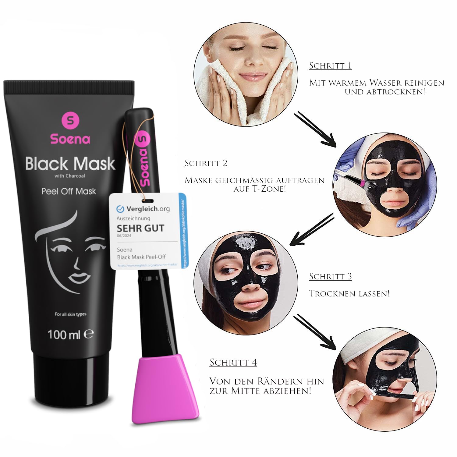 Detalle de Das ORIGINAL - SOENA Black Mask + MASKENPINSEL XXL Tube 100 ml – Peel-Off Maske mit Aktivkohle gegen Mitesser