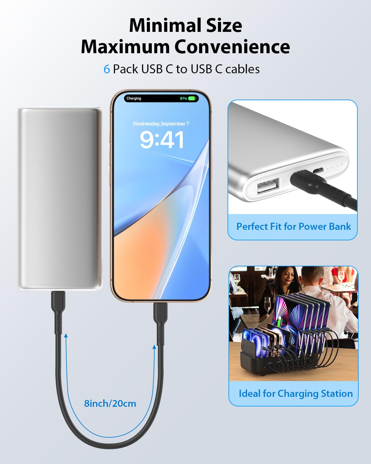 Detalle 2 de SOOPII 6-Pack USB-C to USB-C Short Cables (8 inch/0.7 ft), 60W fast charging – Black