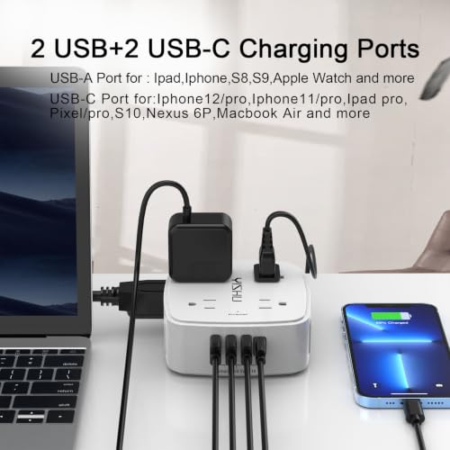 Detalle de YISHU 6Ft Surge Protector Power Strip with 8 Widely Spaced Outlets & 4 USB Ports