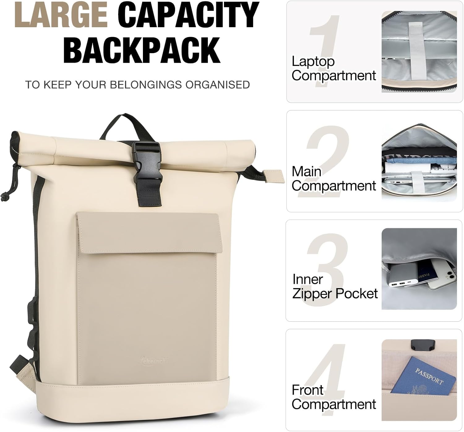 Detalle de Lekeinchi Rolltop Rucksack – Wagendurchlässiger Rucksack mit 17 Zoll Laptopfach, 16–20 L, wetterfest, Uni/Arbeits- und Reiserucksack (Beige/Khaki)