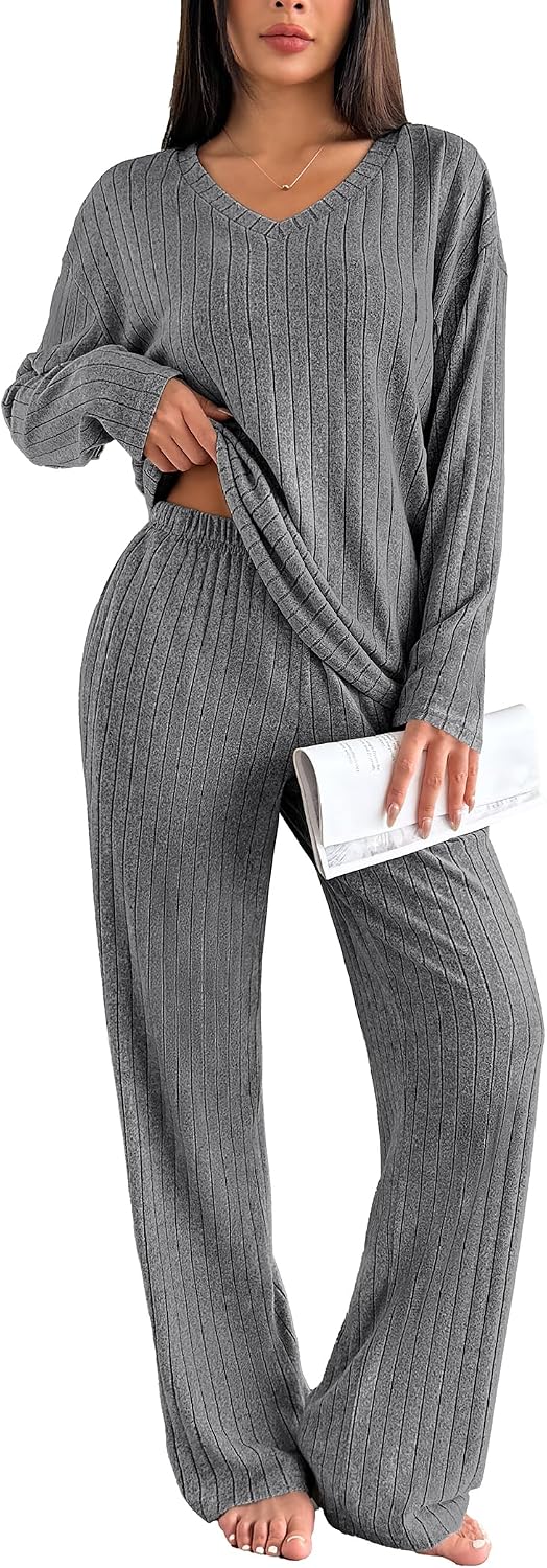 Detalle de Ekouaer Ensemble Pyjama Femme Hiver Chaud en Maille Côtelée - Lounge Set 2 pièces