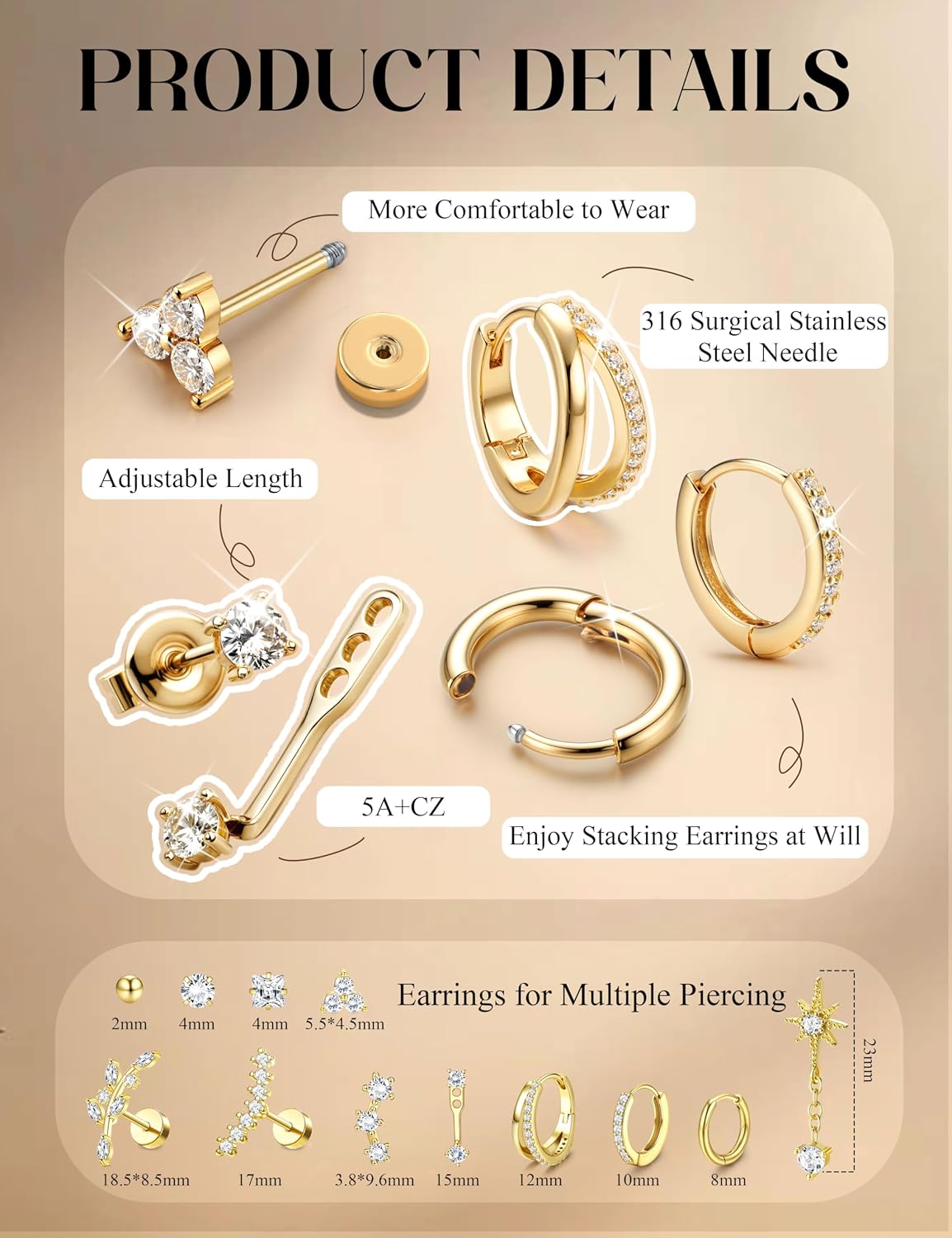 Thumbnail 5 de Roheafer 12-teilige Helix-Piercing-Set aus Chirurgenstahl (Flatback, Huggie-Hoops & Jacket) – für Layering