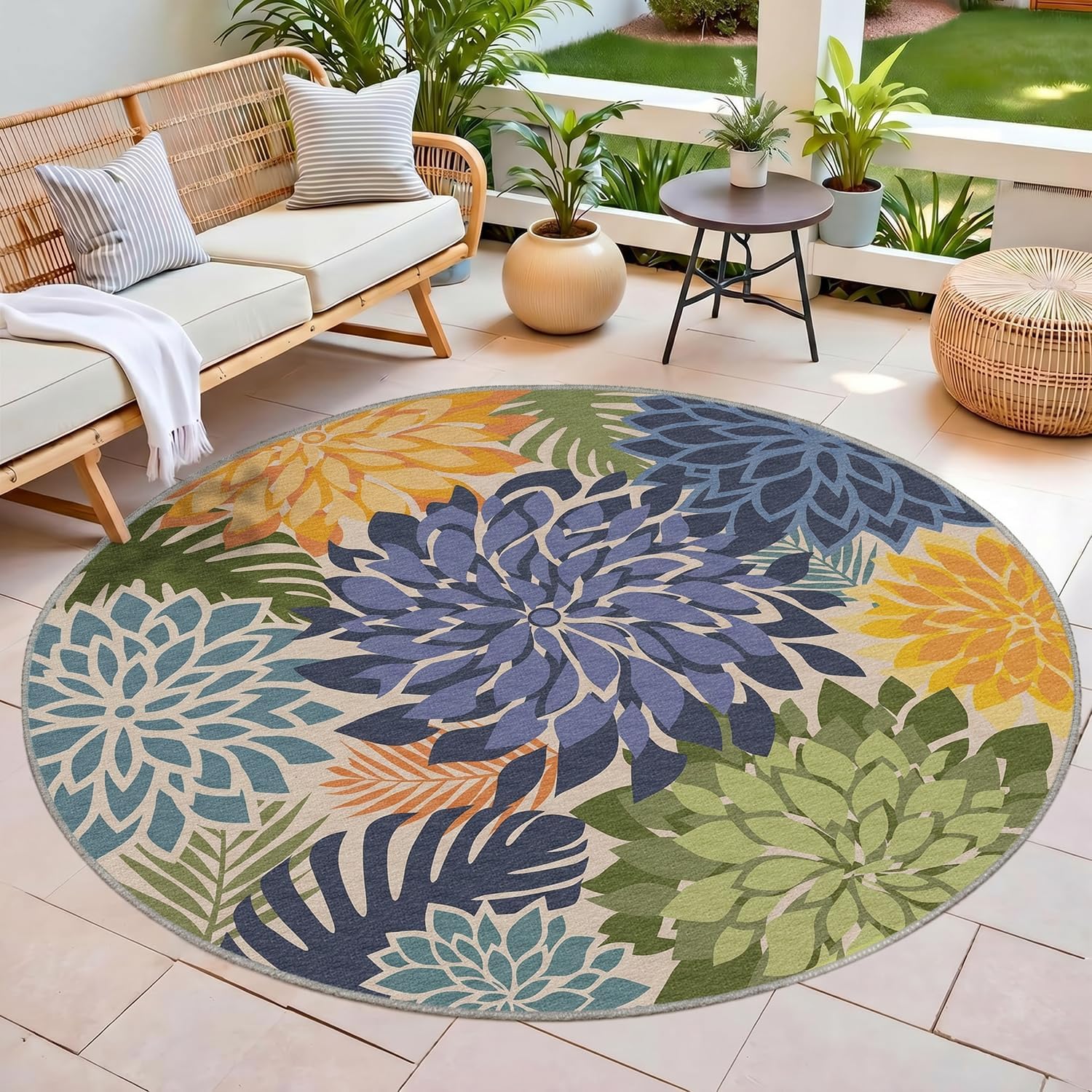 Detalle de Arenarug DTSH241004FBA 6' Round Outdoor Rug, Waterproof Floral Chenille