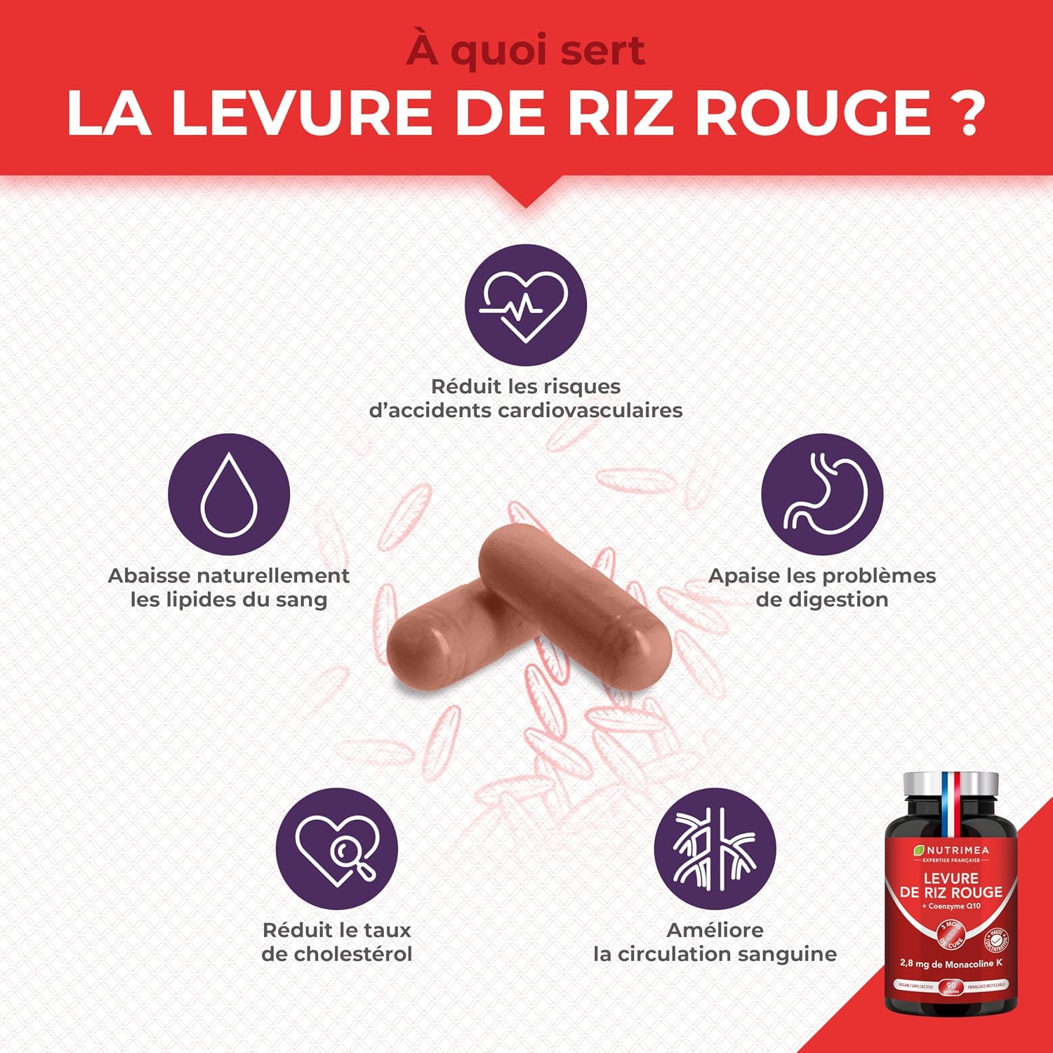 Detalle 2 de Nutrimea Levure de Riz Rouge à Monacoline K (175 mg) – 90 gélules vegan gastro-résistantes