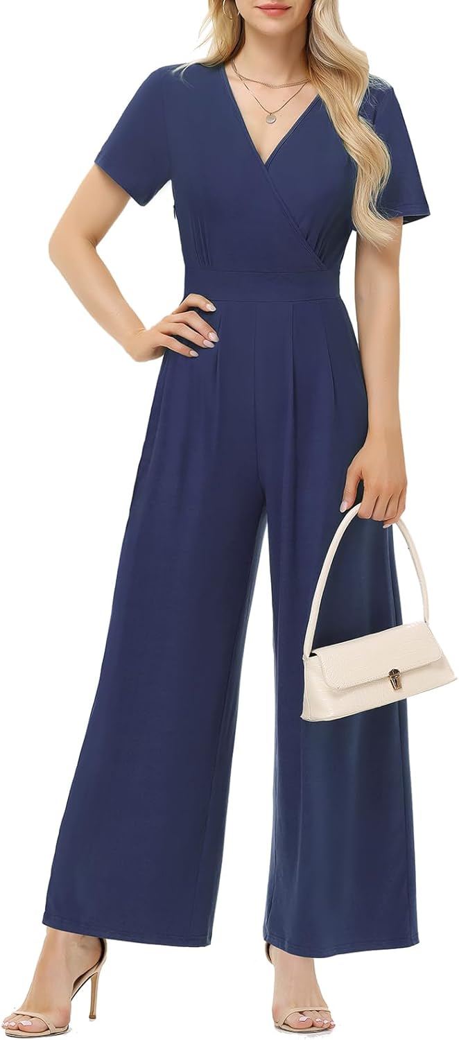 Thumbnail 6 de Tanmolo Damen Jumpsuit Elegant Sommer – Kurze Ärmel, V-Ausschnitt, weitem Bein, Taschen, High-Waist