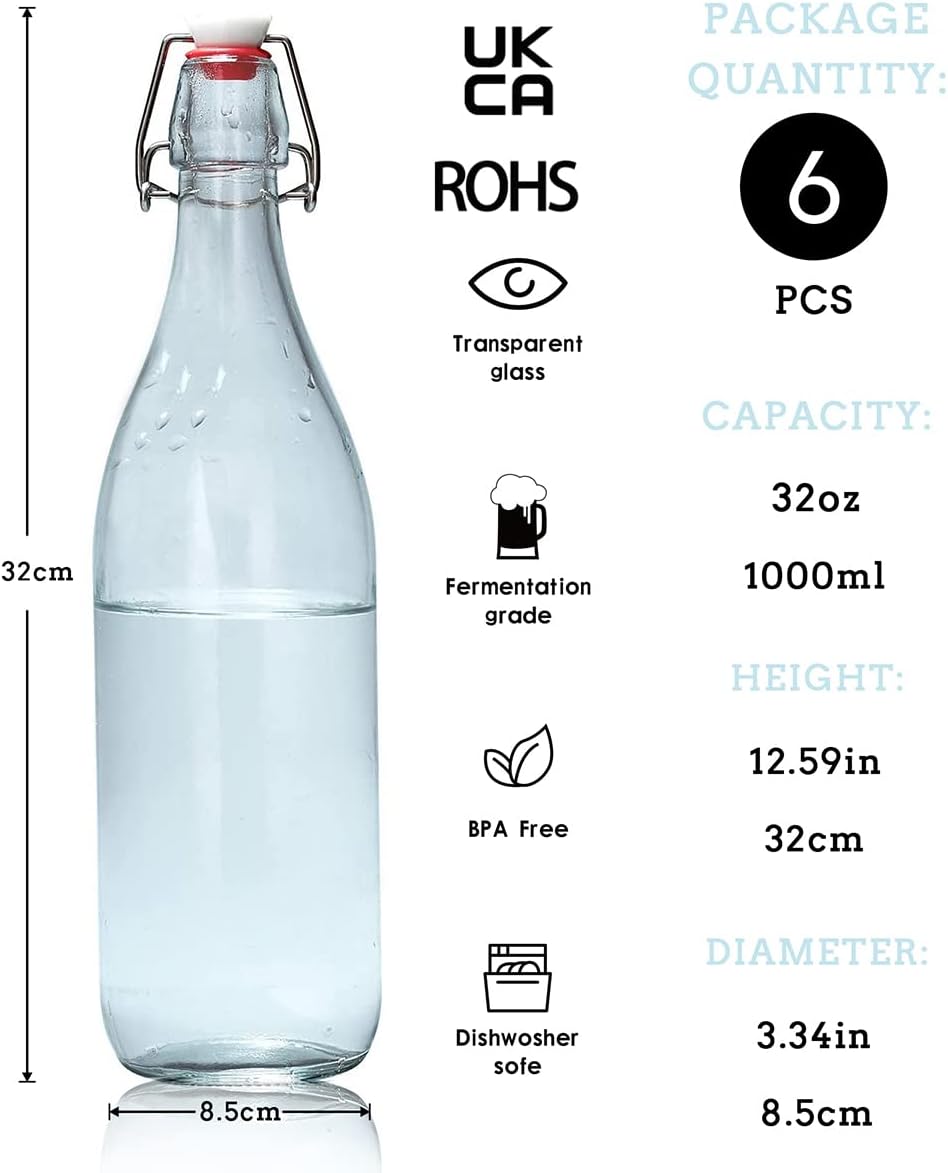 Thumbnail 1 de Danmu Art 6PCS Glass Bottles with Swing Top (1000ml) – airtight preserve bottles for home brewing and pantry storage