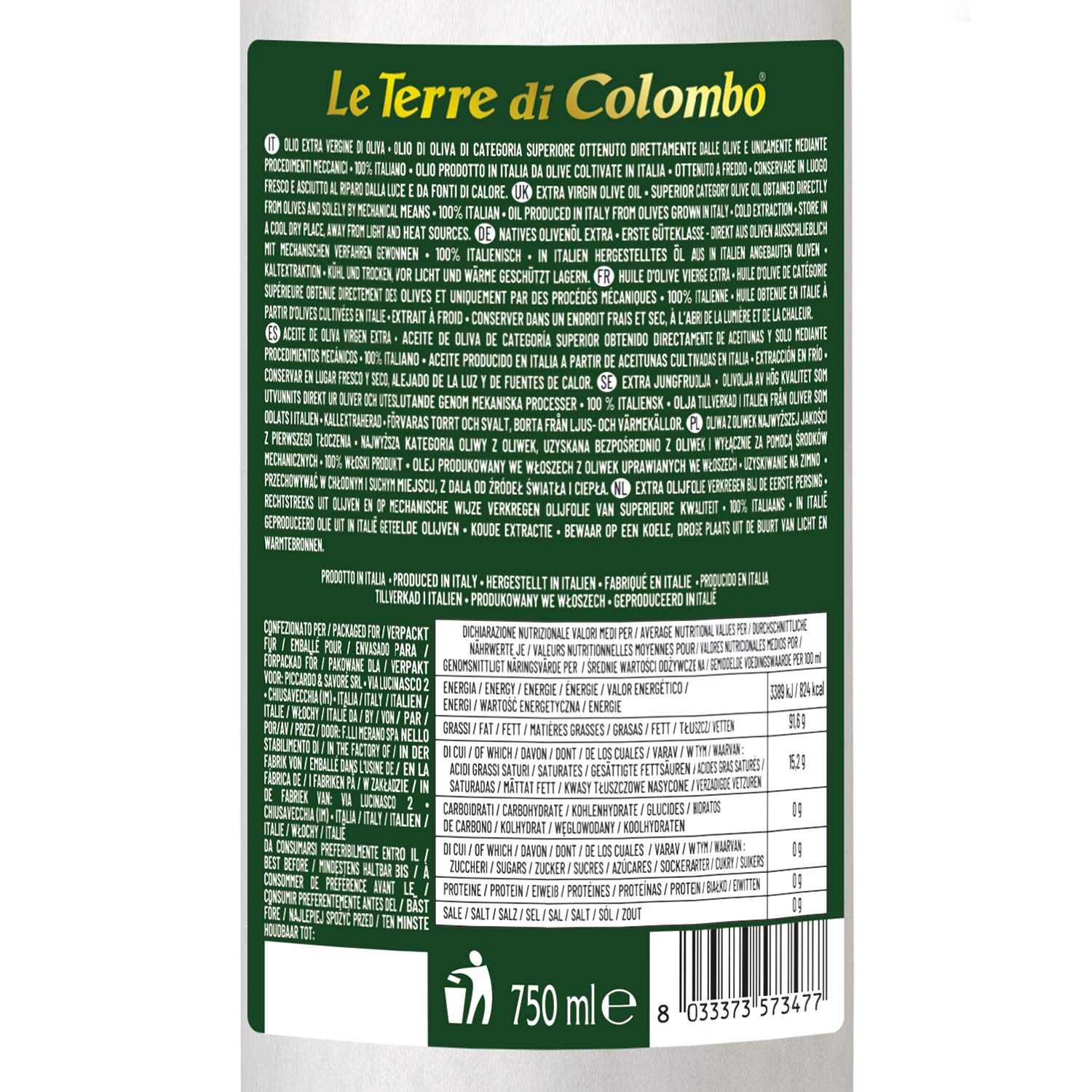 Detalle 2 de Le Terre di Colombo 100% italienisches natives Olivenöl extra (0,75 l) in Flasche mit weißer Papierhülle