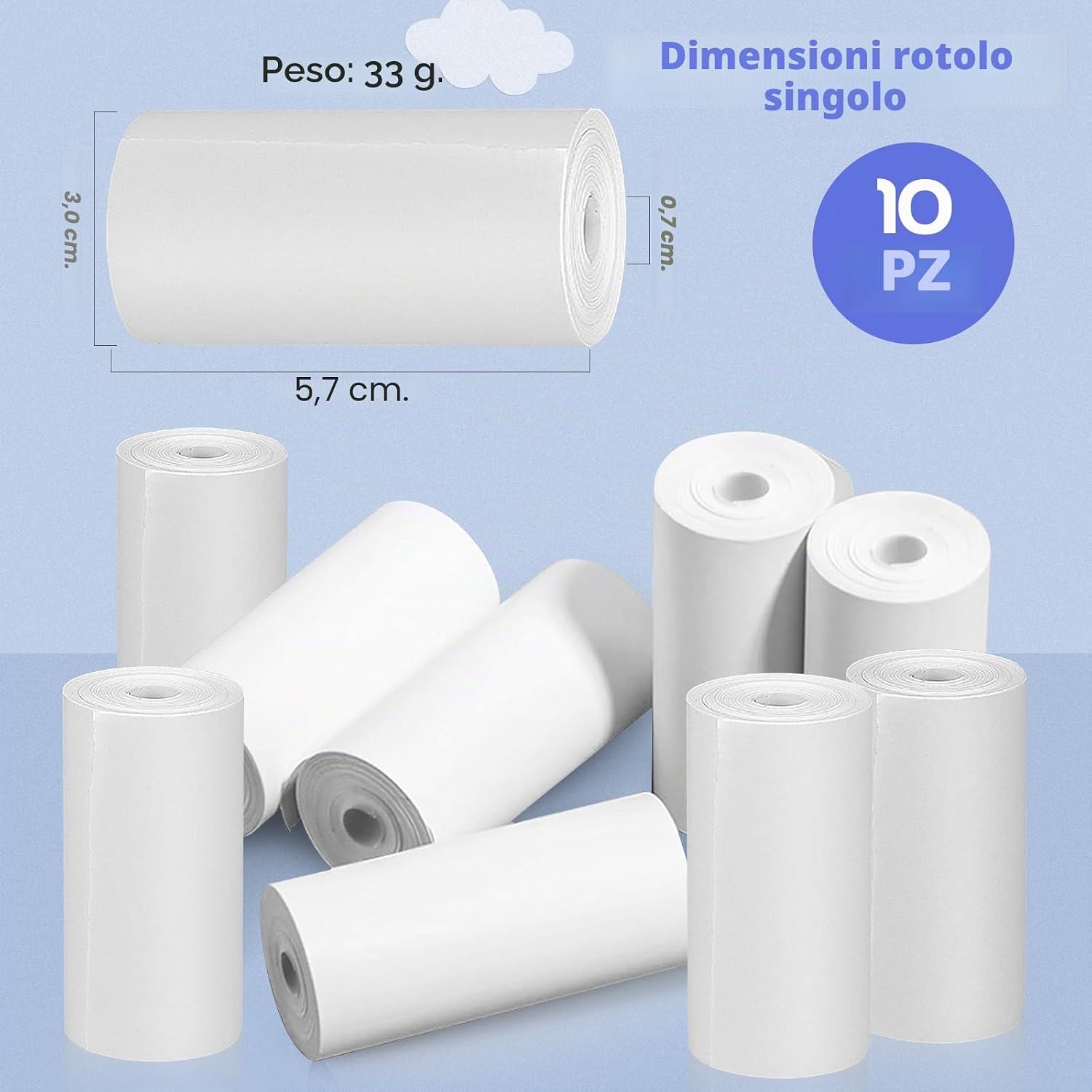 Detalle de 10 rotoli carta termica 57x30 mm per mini stampanti e fotocamere istantanee per bambini (bianca, BPA free)