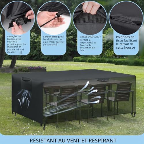Detalle 2 de WUAYAMI Housse de protection pour mobilier de jardin en Oxford 420D, noire, 242 x 162