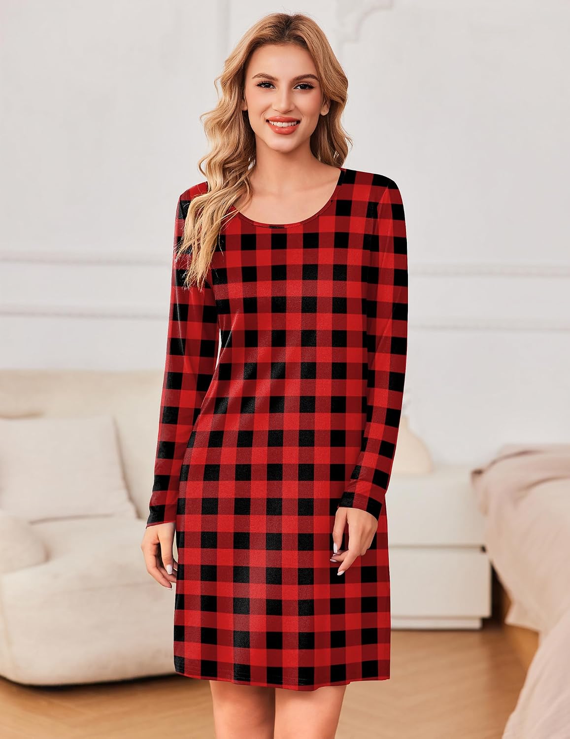 Detalle 2 de Ekouaer 3-Pack Women's Long-Sleeve Nightgowns, Soft Stretch Sleep Shirts