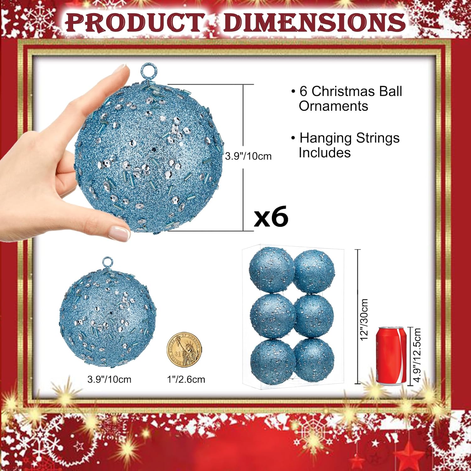 Thumbnail 1 de Oairse 10cm Large Christmas Bauble Ornaments – 6 Pack