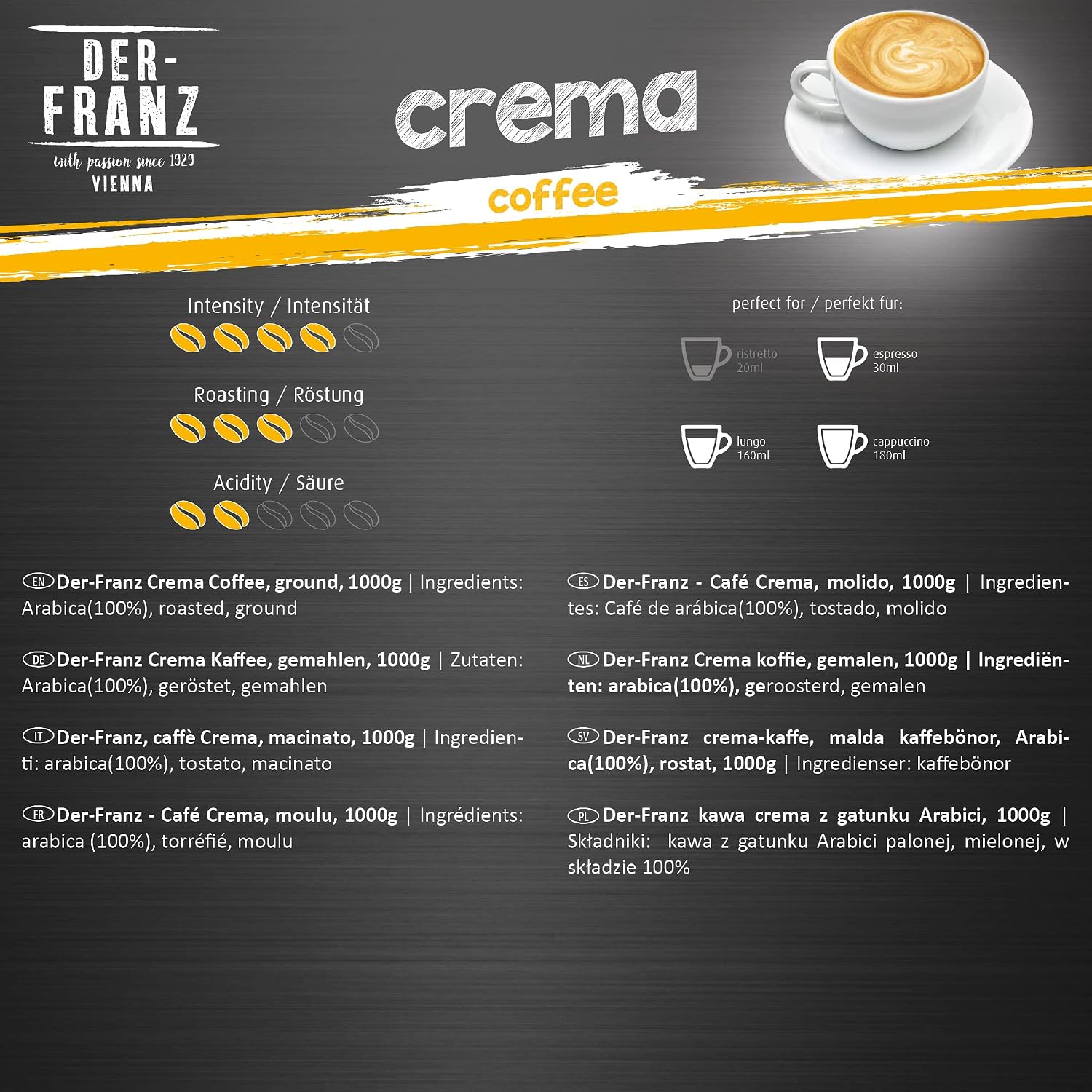 Detalle de Der-Franz Crema Kaffee (gemahlen), 4 x 1000 g – 100 % Arabica, Trommelröstung