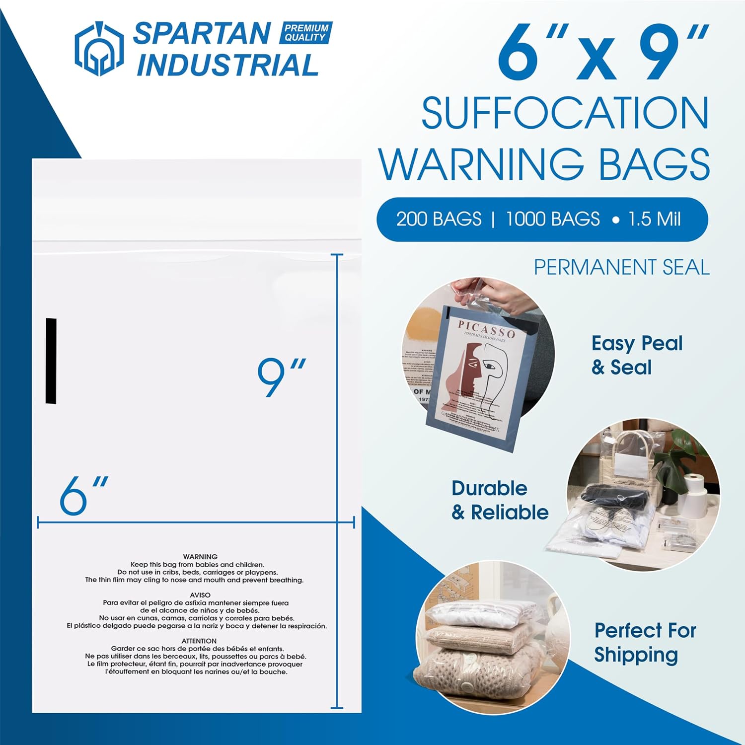 Detalle 2 de Spartan Industrial FBA_SFW-Bag-0609 6 x 9-Inch Clear Poly Bags, 1,000 Count