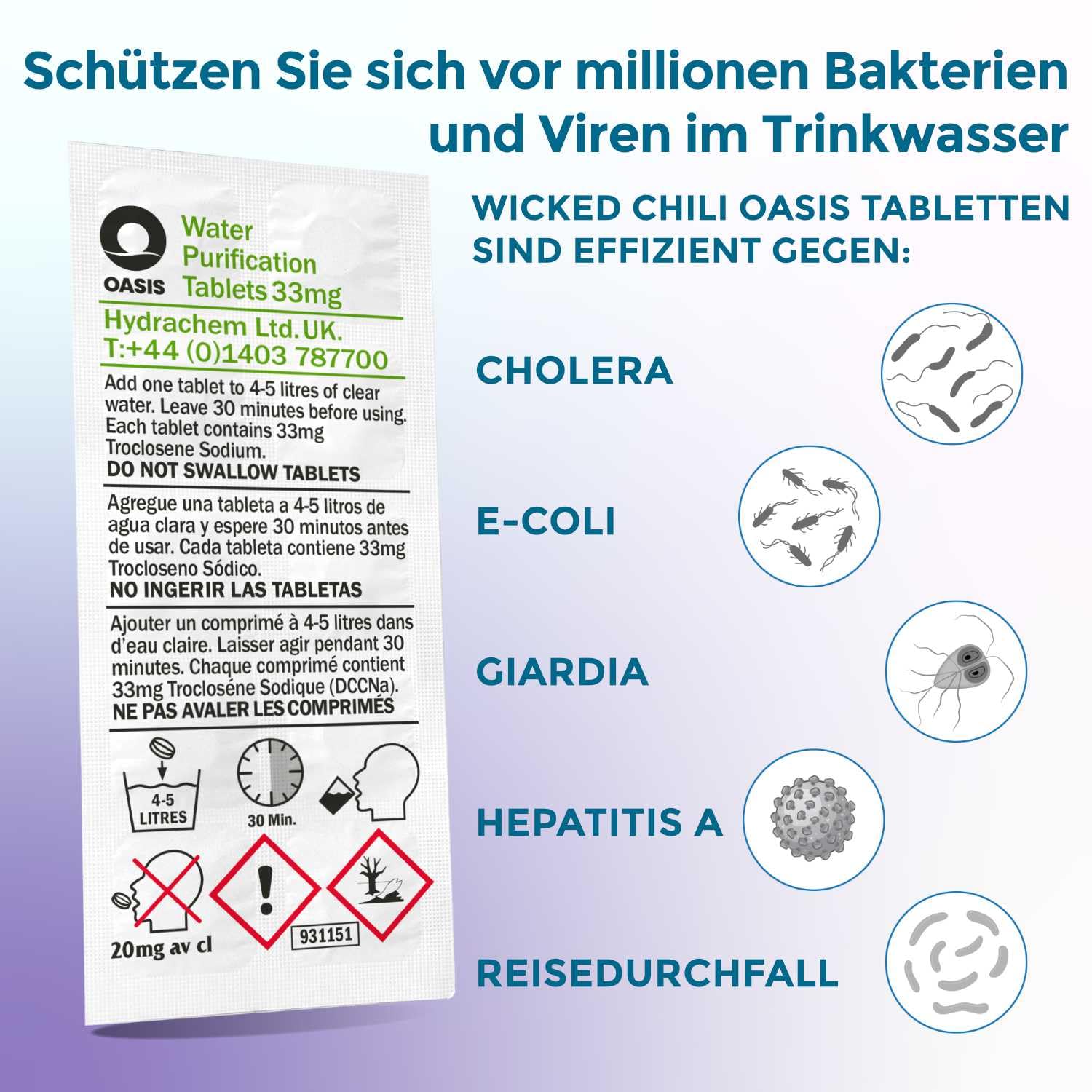 Thumbnail 3 de Wicked Chili Wasserreinigungstabletten – 60 Tabletten zur sicheren Trinkwasseraufbereitung für Outdoor, Notfall und Reise
