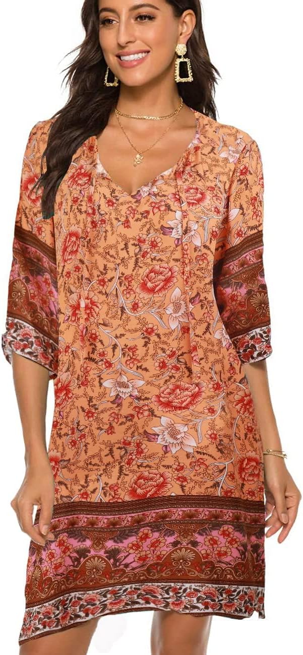 Detalle de BDTECAOR Damen Vintage Ethnostil Tunika-Kleid mit Blumenmuster und V-Ausschnitt (3/4-Arm)