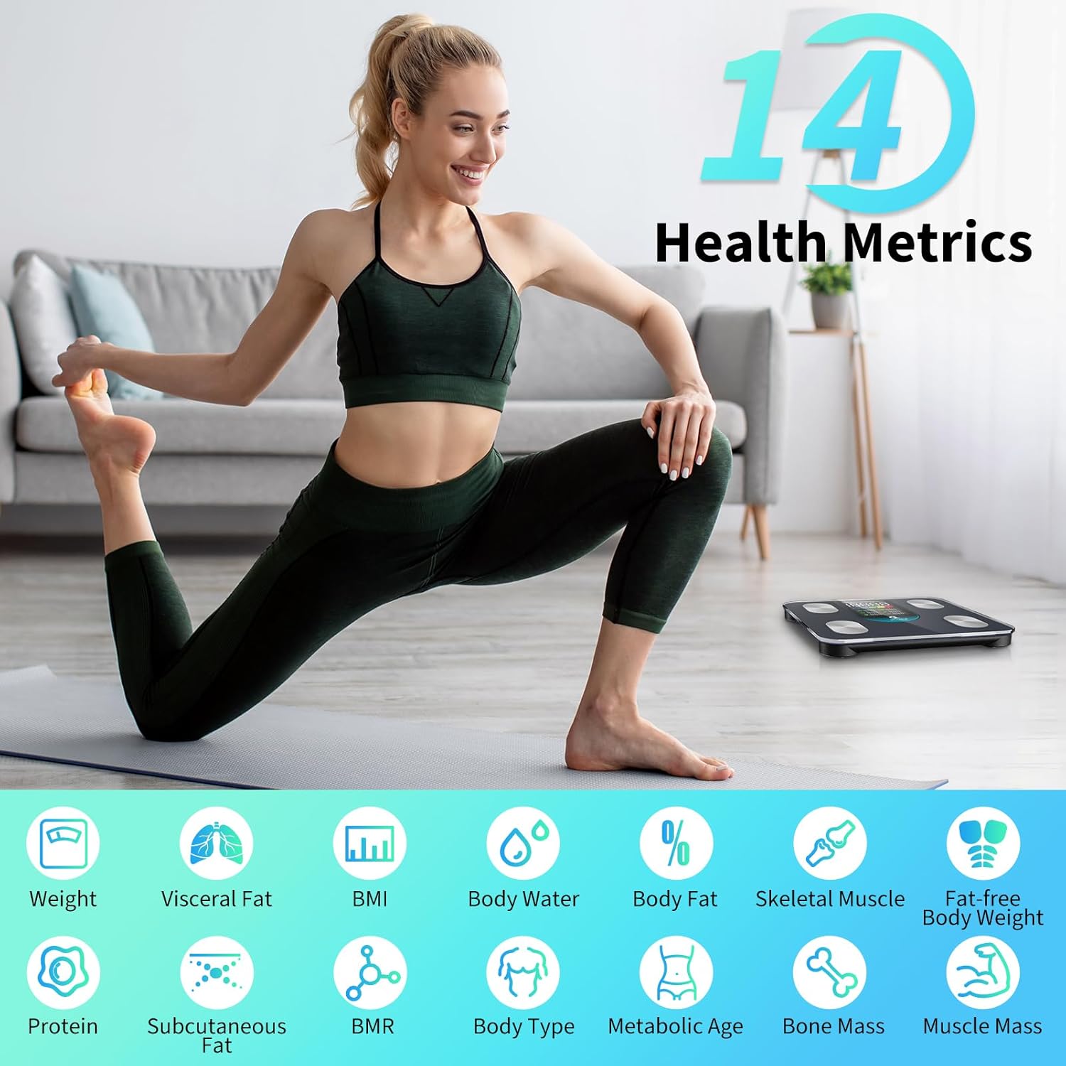 Detalle de arboleaf Smart Body Fat Scales with Bluetooth and 14 body composition metrics (400lb/180kg)