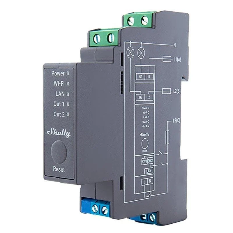 Detalle de Shelly Relé Wi‑Fi, LAN, Bluetooth DIN Pro 2: control profesional para automatización eléctrica