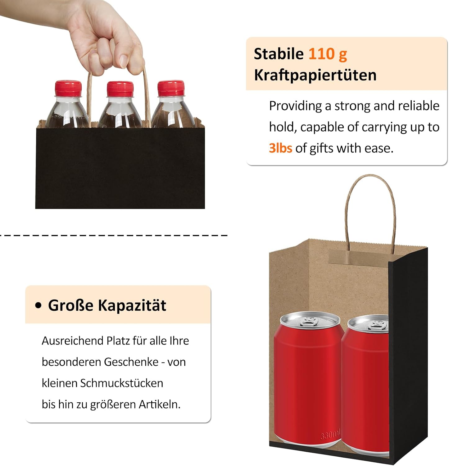 Detalle de Eupako Lot de 50 petits sacs cadeaux en papier kraft noir recyclables (15 x 8 x 21 cm)