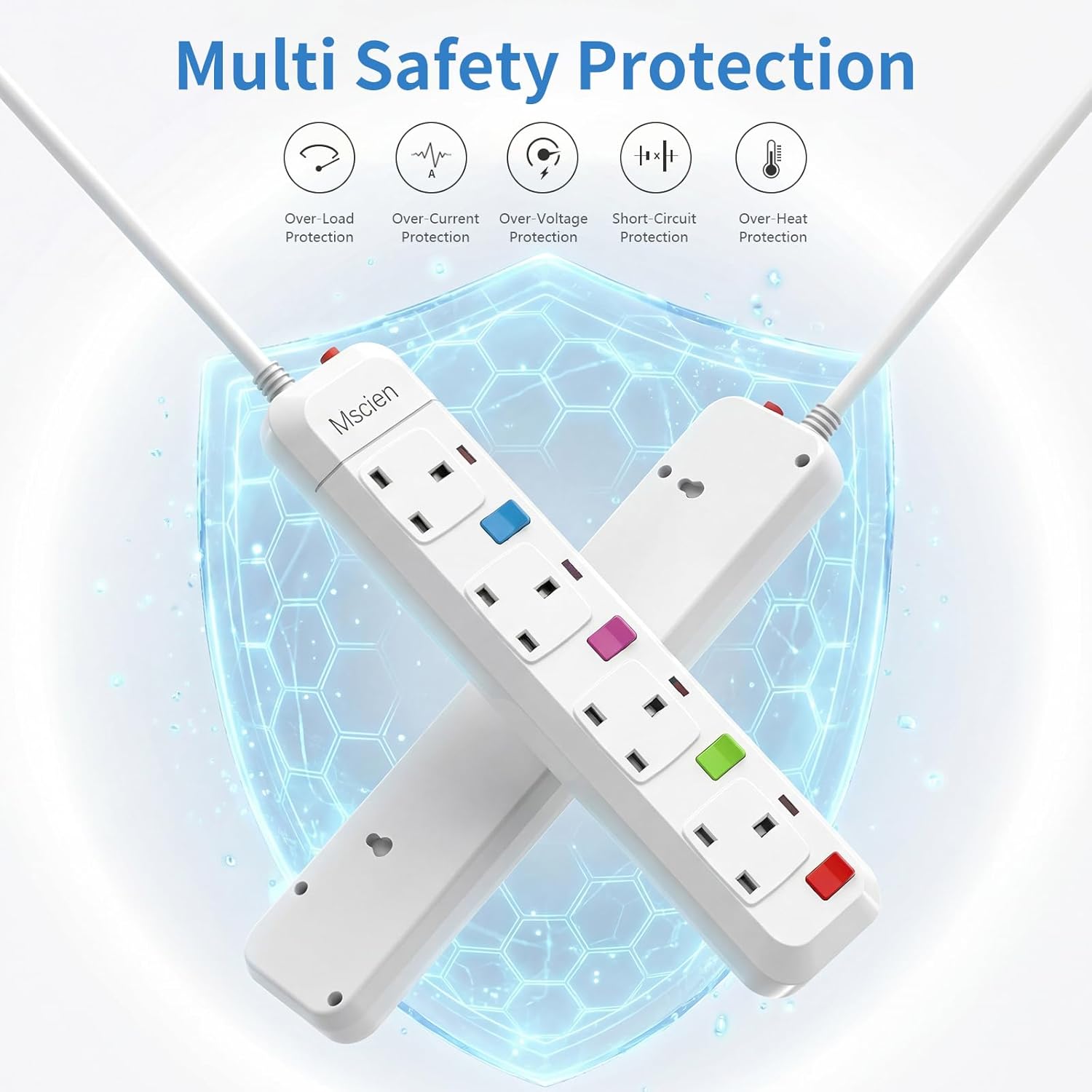 Thumbnail 2 de Mscien 1m 4-Way Wall-Mounted Extension Lead with Individual Switches (2500W, White)