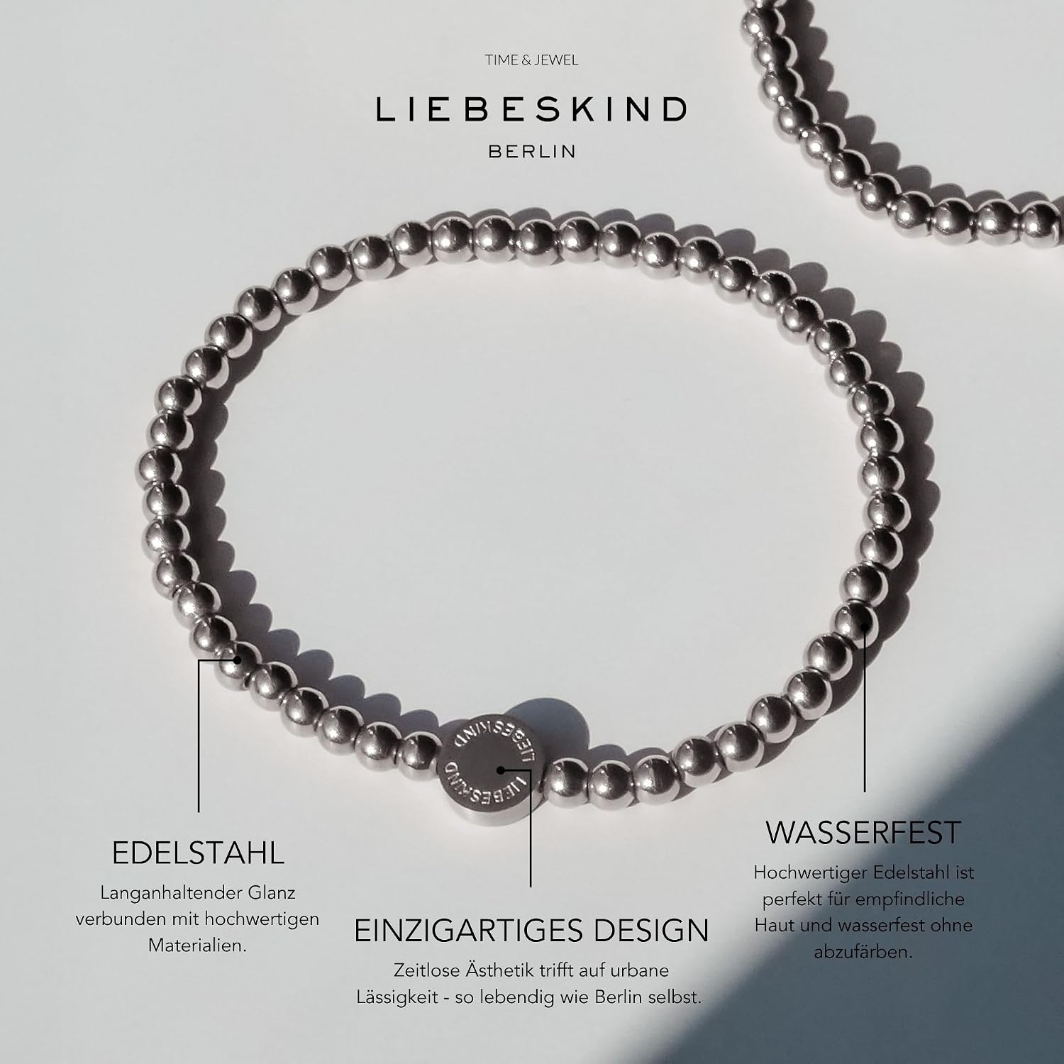 Detalle de LIEBESKIND BERLIN Beads 6mm mit Logotag in Edelstahl – 17 cm