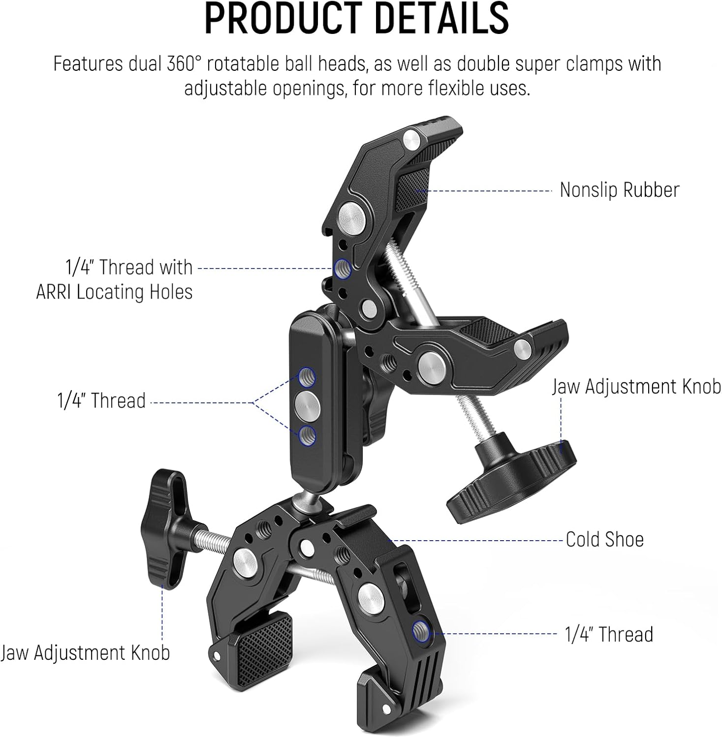 Detalle de NEEWER UA036 ダブルスーパークランプ付きマジックアーム、コールドシュー・360°調整対応