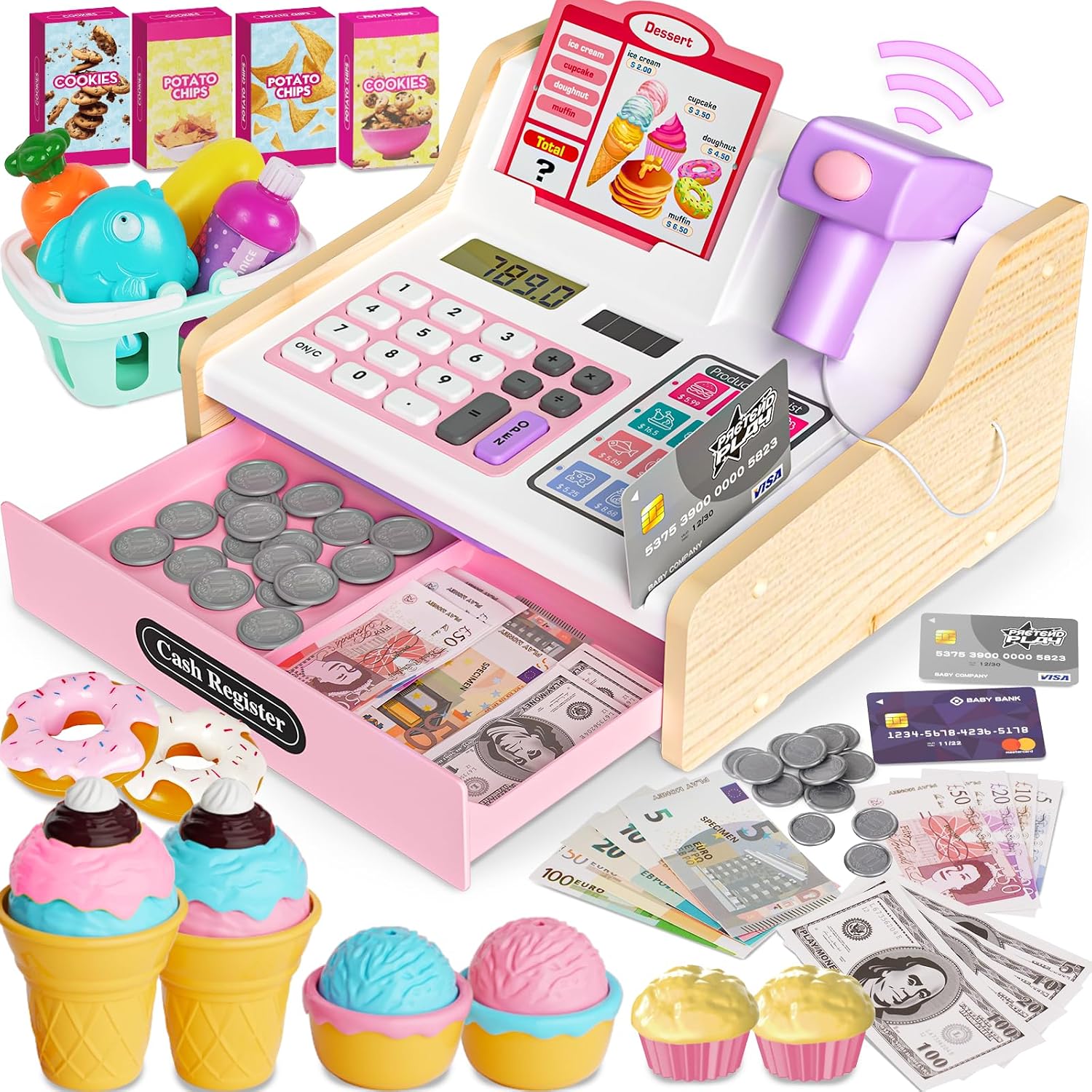 Maysida Kinderkasse Holz-Registrierkasse mit Scanner & Sound – rosa