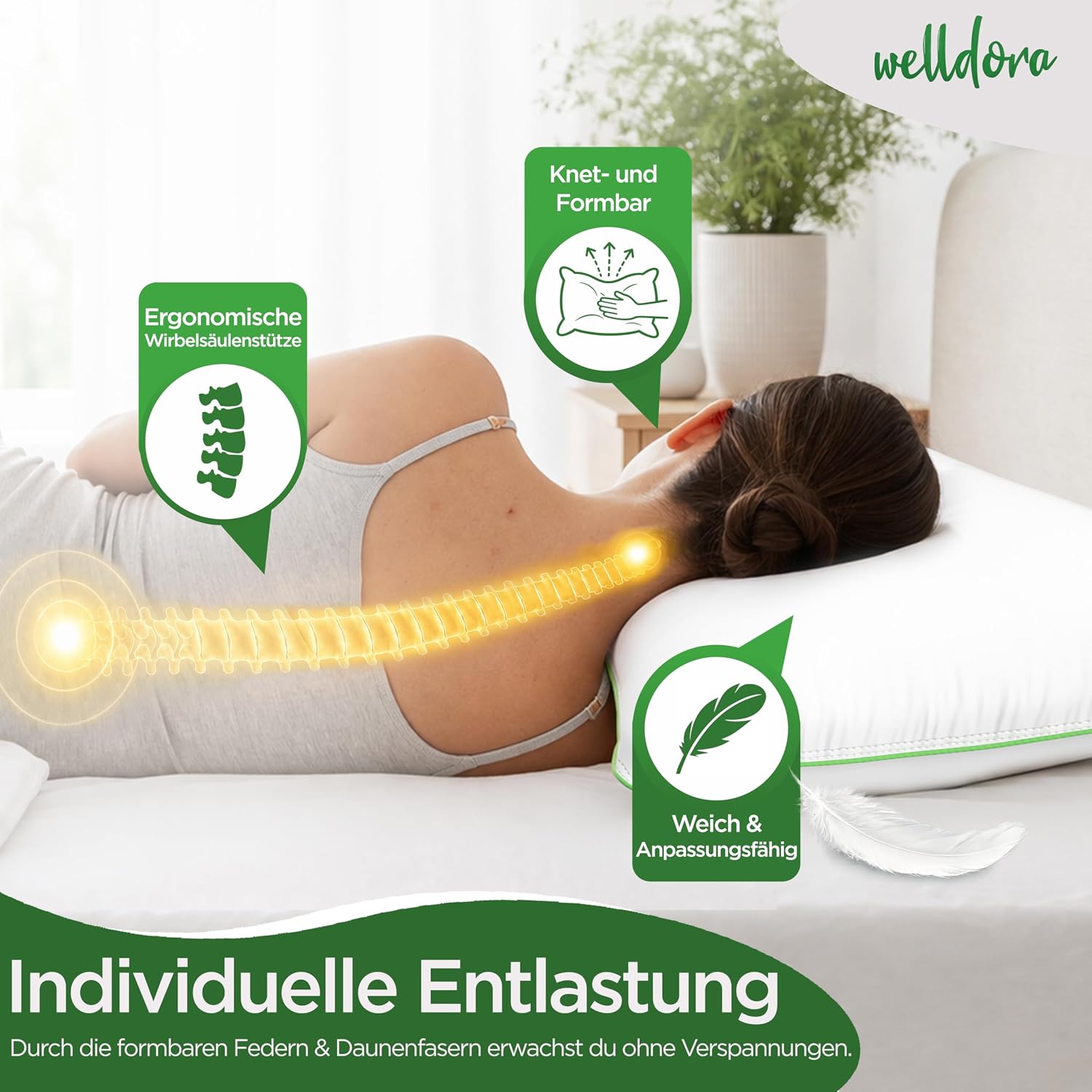 Detalle de Welldora Premium Kopfkissen 80x80 (3-Kammer) mit natürlichen Daunenfasern & Federn – ergonomisch gegen Nackenspannungen