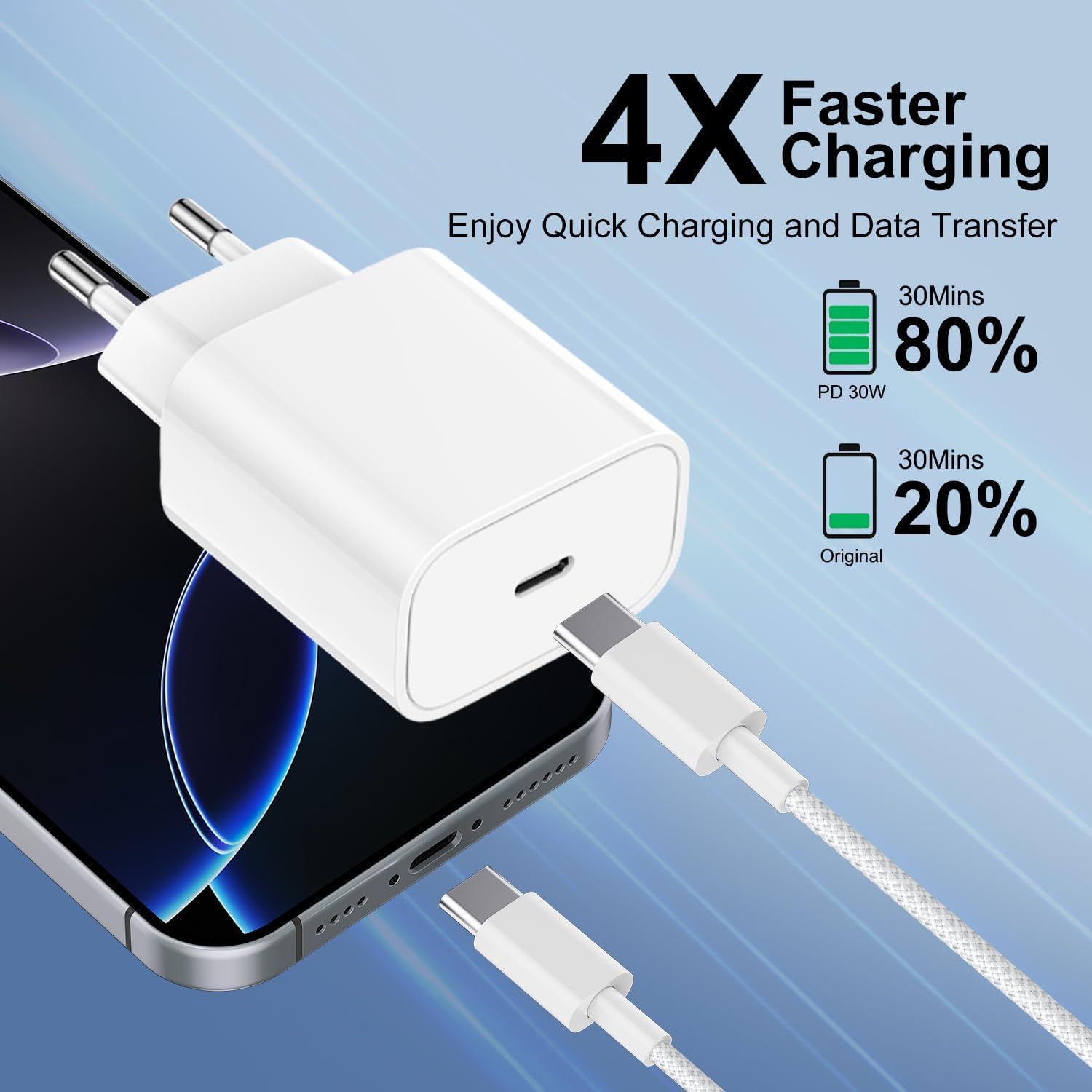 Thumbnail 2 de Bimker chargeur rapide USB-C 30 W pour iPhone 17/16 Pro et iPad (câble USB-C 2 m nylon tressé)