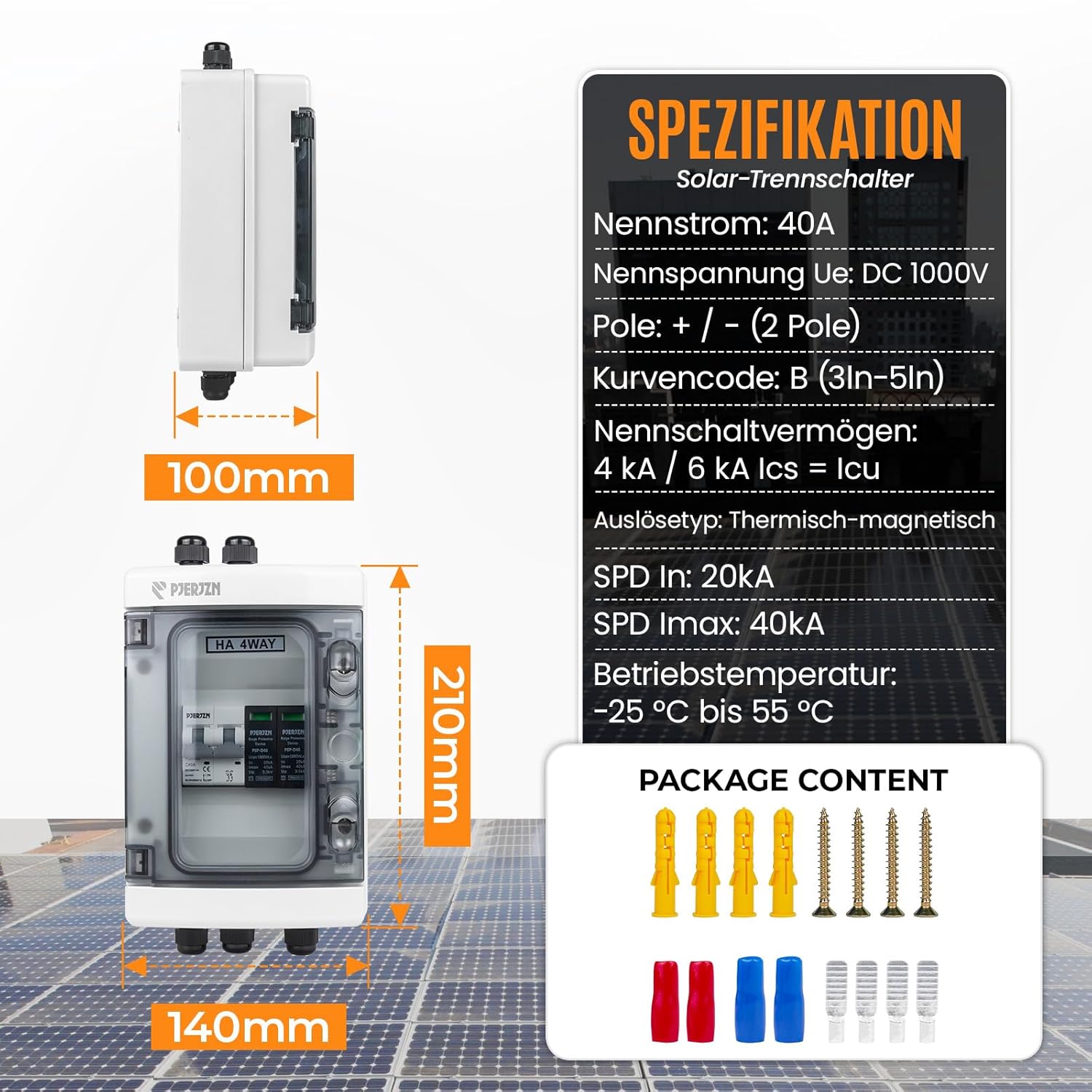 Thumbnail 6 de PJERJZN Solar Kombigerät 1-in-1-Out / 2-in-2-Out / 4-in-4-Out – 1000V DC/40A LS-Schalter, SPD 20-40KA, IP65